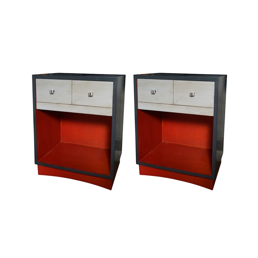 Pair of Black Painted Nightstands with Grey Washed Drawers