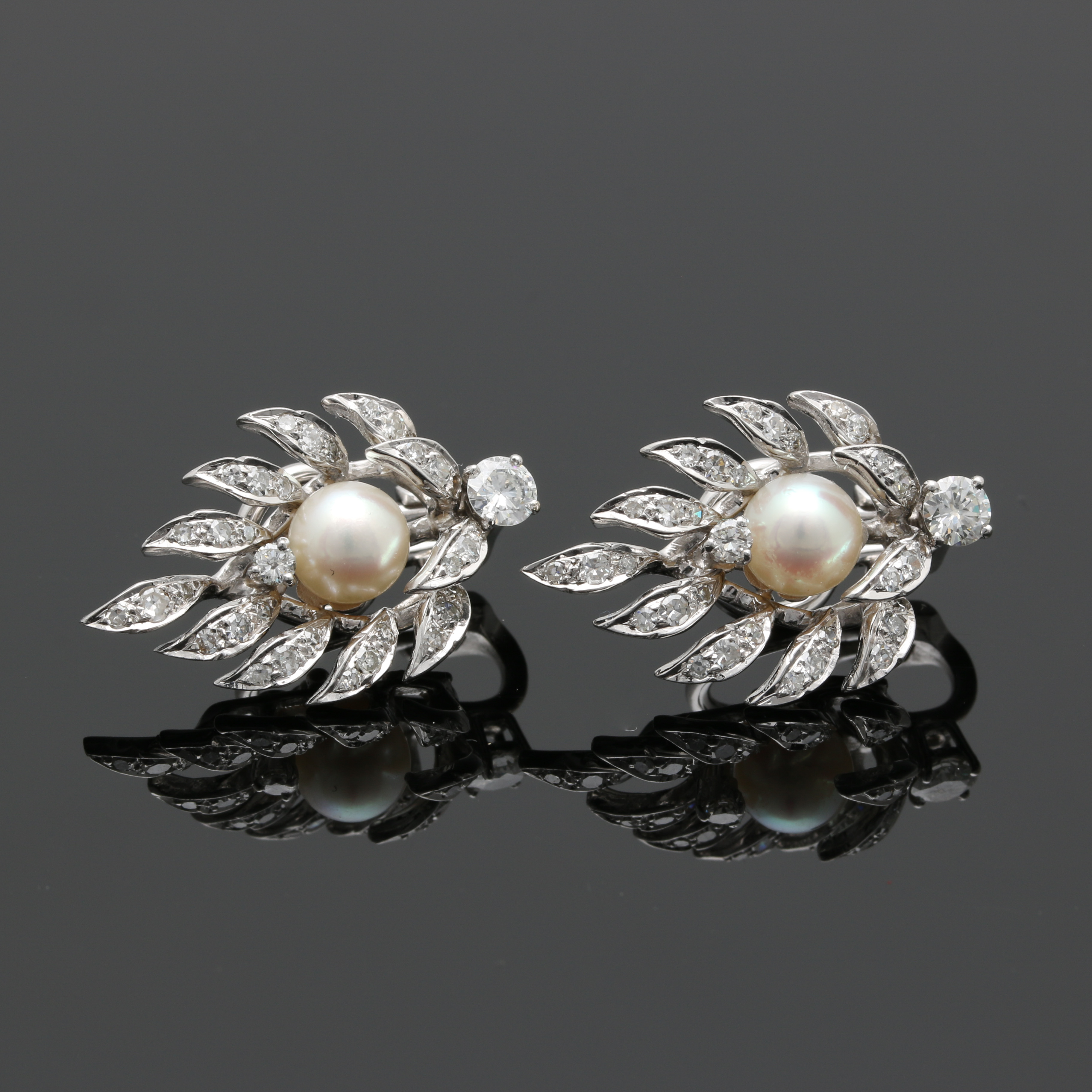 14K White Gold Cultured Pearl and 1.20 CTW Diamond Foliate Earrings