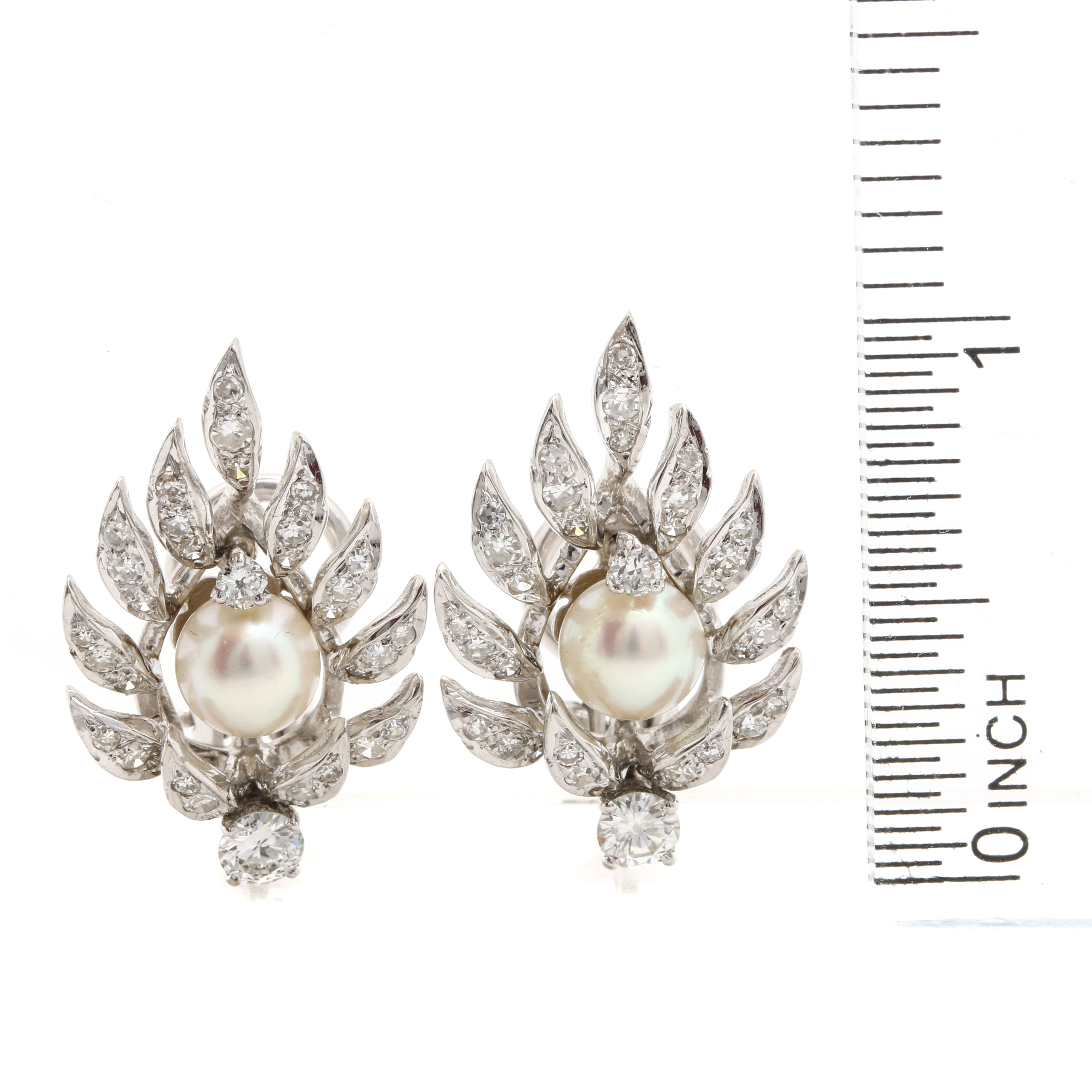 14K White Gold Cultured Pearl and 1.20 CTW Diamond Foliate Earrings