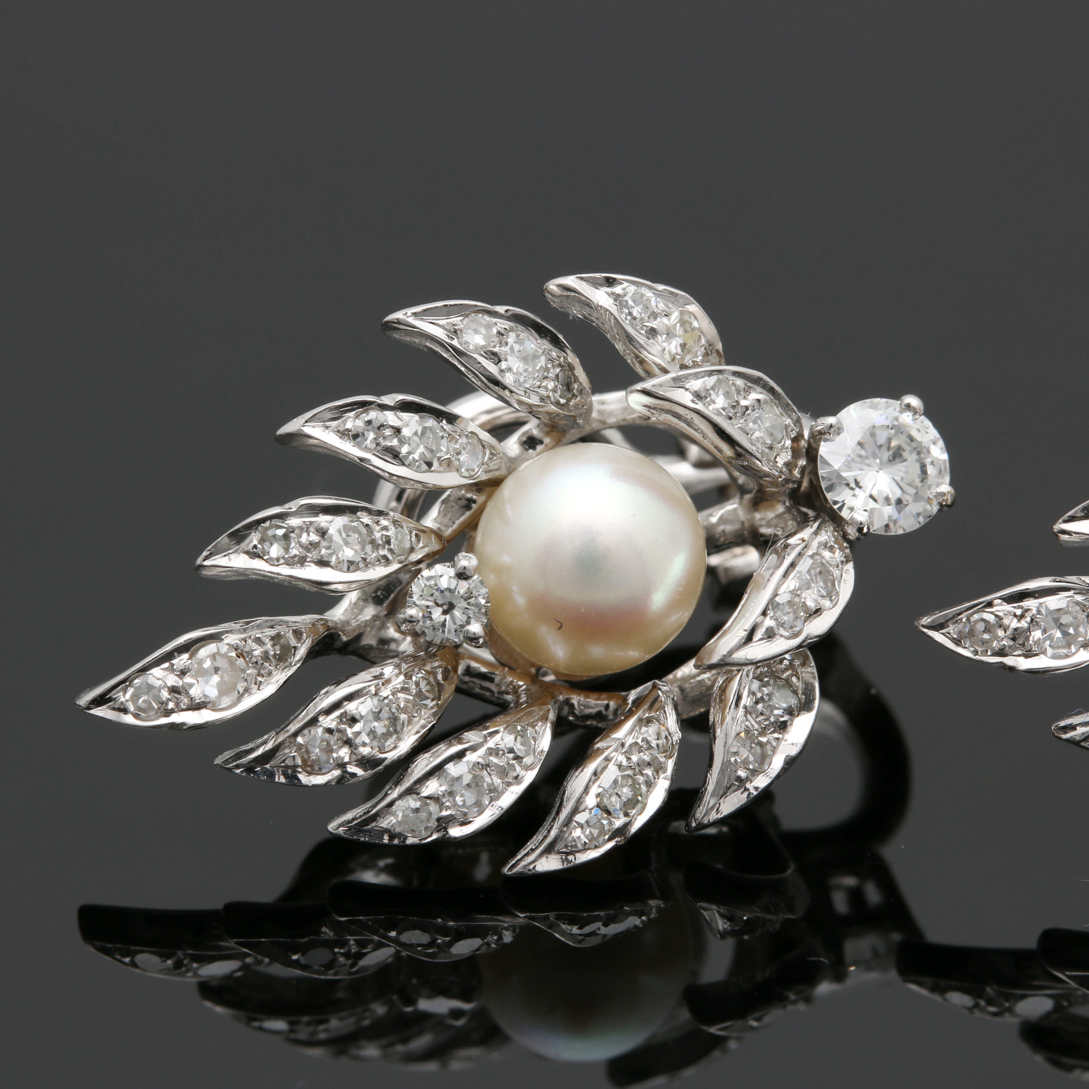 14K White Gold Cultured Pearl and 1.20 CTW Diamond Foliate Earrings