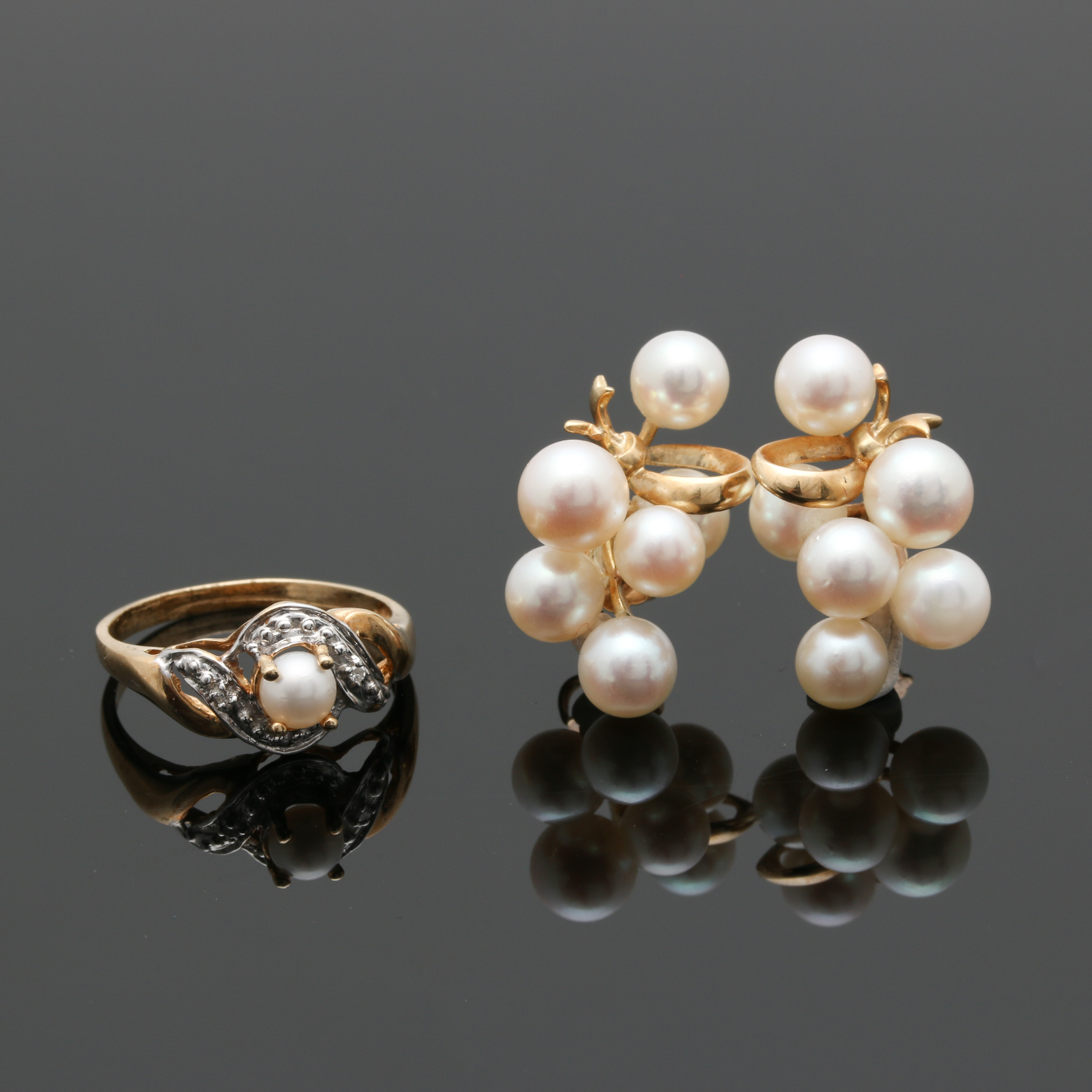14K Yellow Gold Pearl and Diamond Ring and Earrings