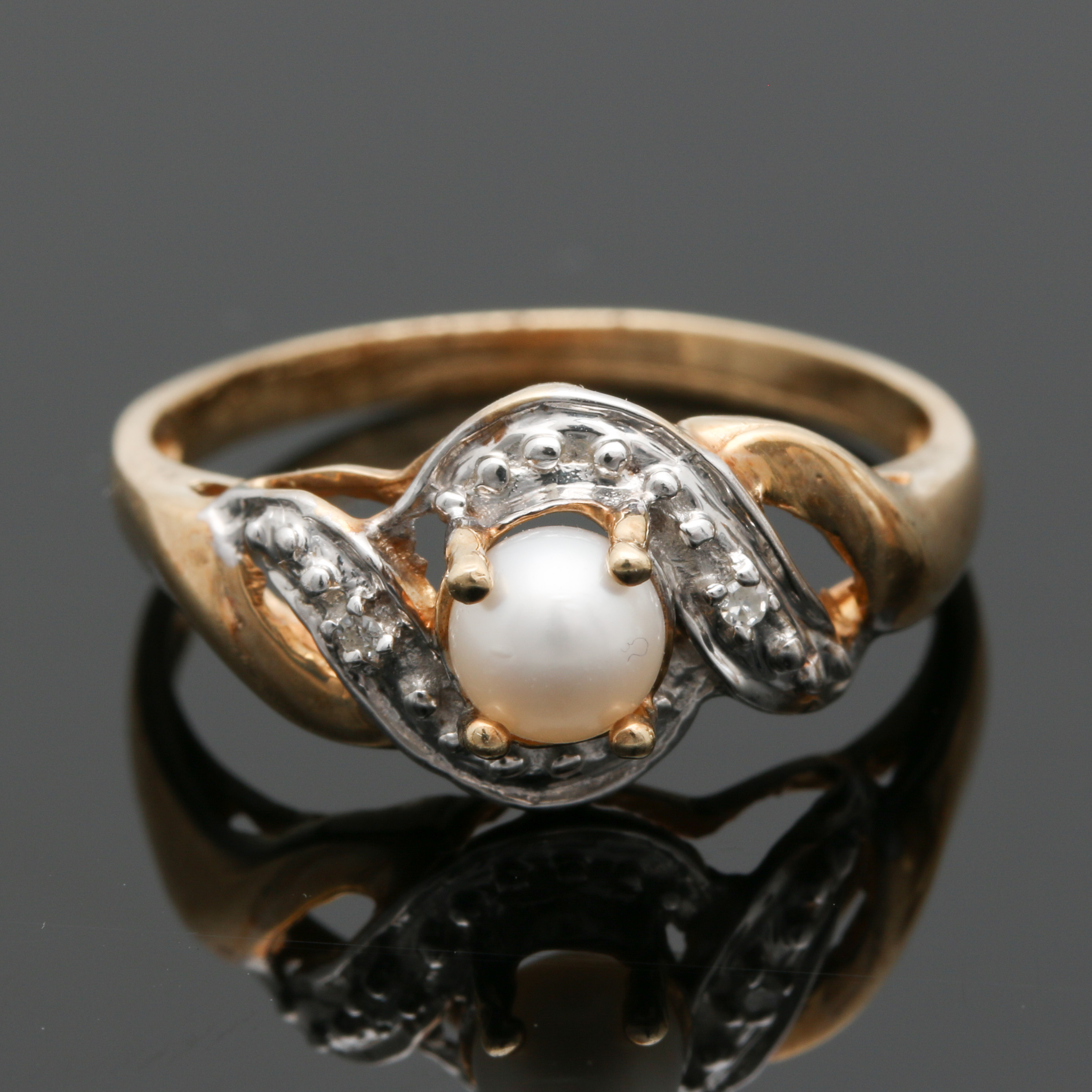 14K Yellow Gold Pearl and Diamond Ring and Earrings