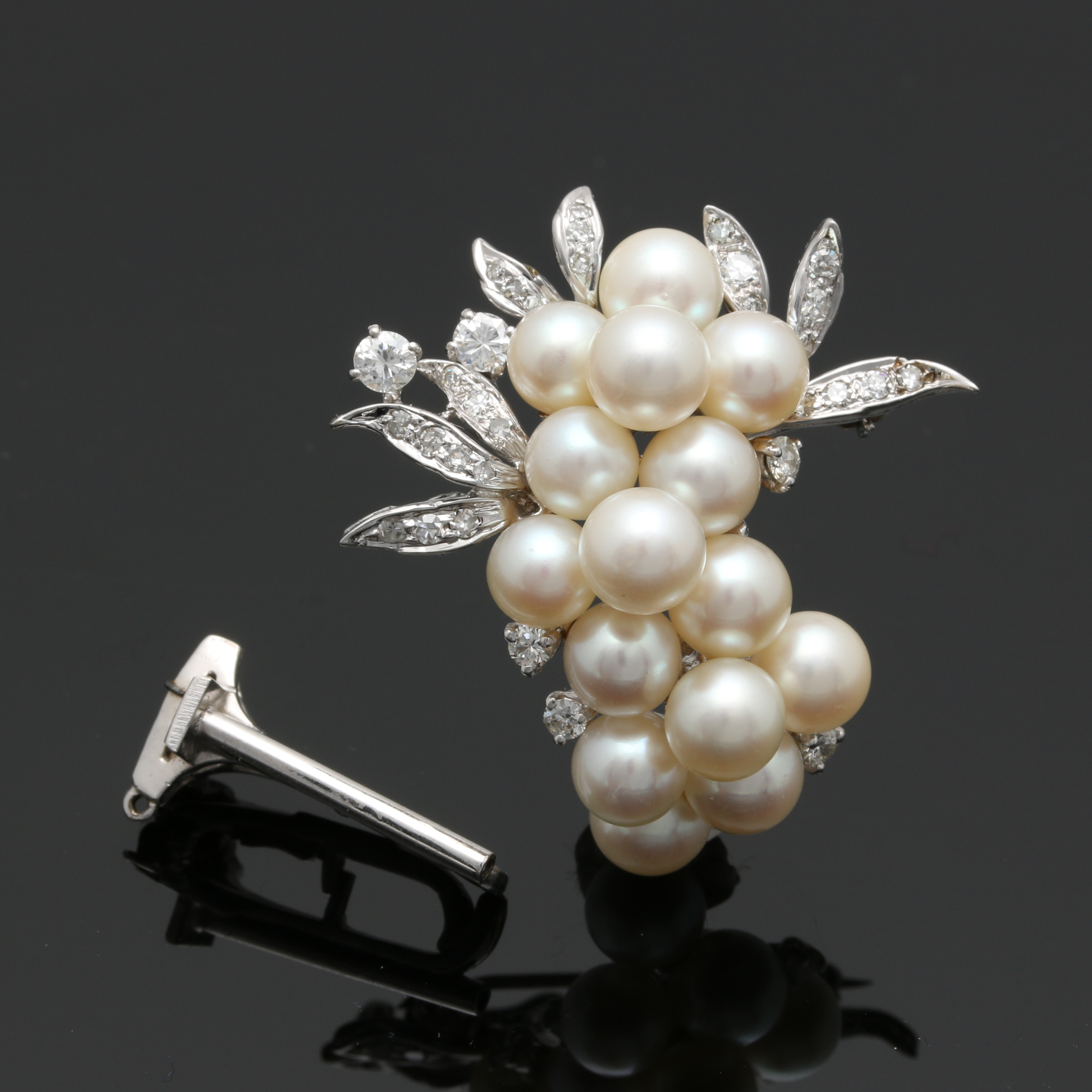 14K White Gold Pearl and Diamond Foliate Brooch and Pearl Shortener