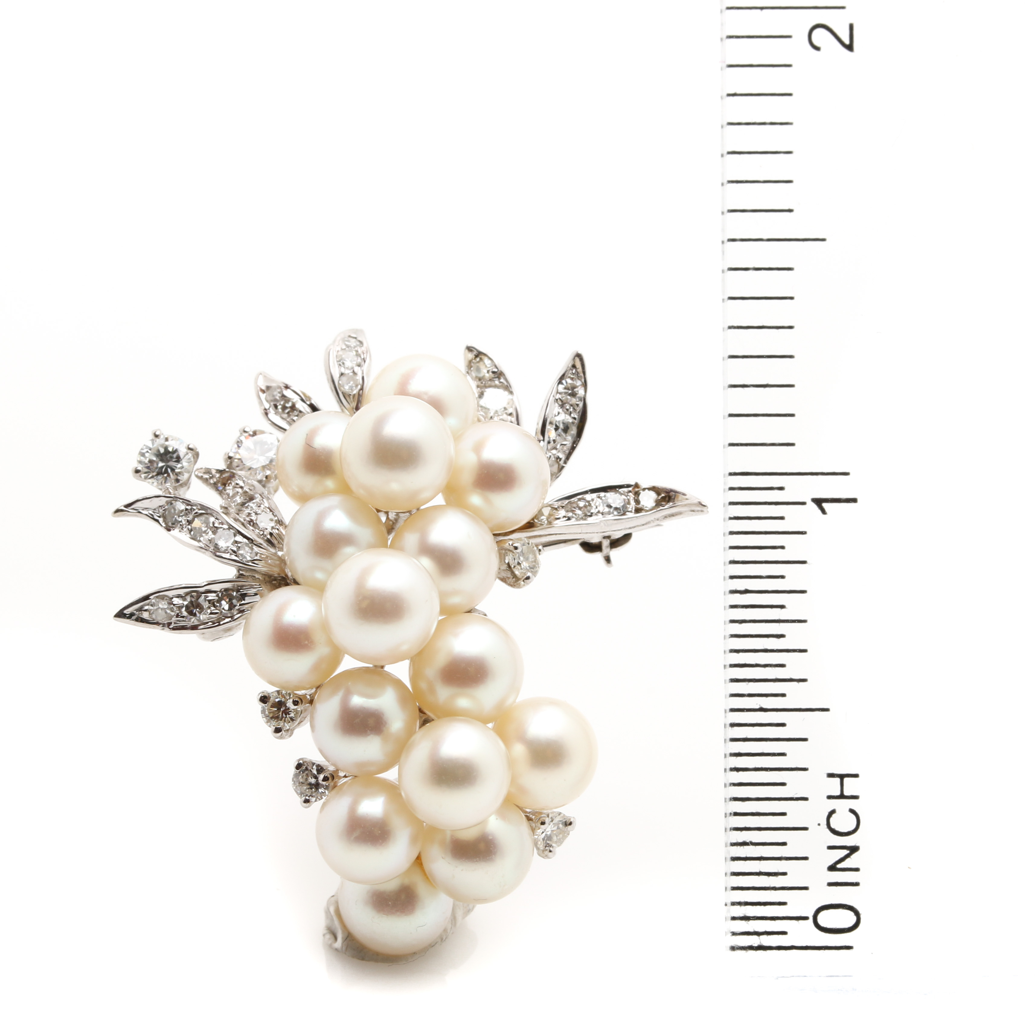 14K White Gold Pearl and Diamond Foliate Brooch and Pearl Shortener