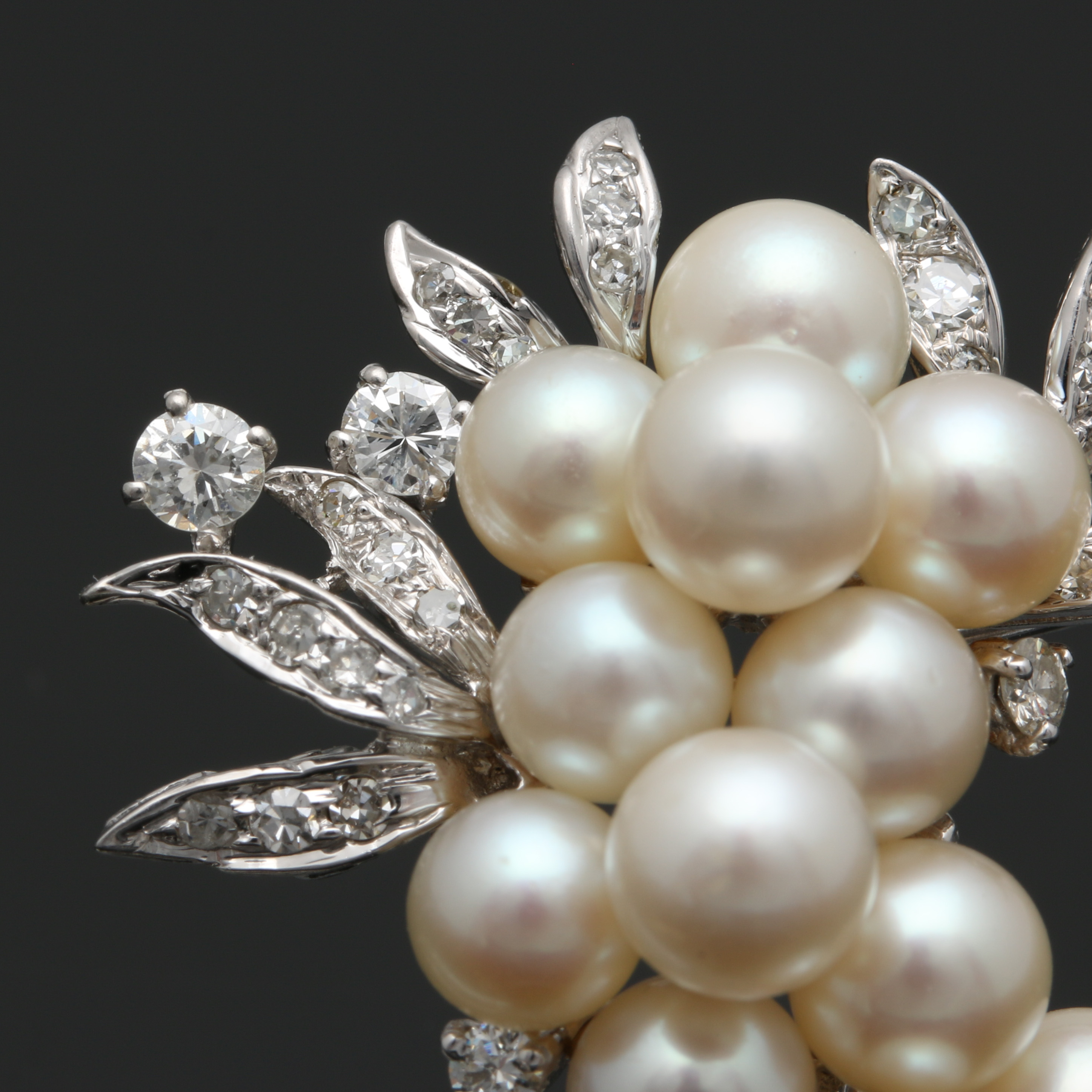 14K White Gold Pearl and Diamond Foliate Brooch and Pearl Shortener