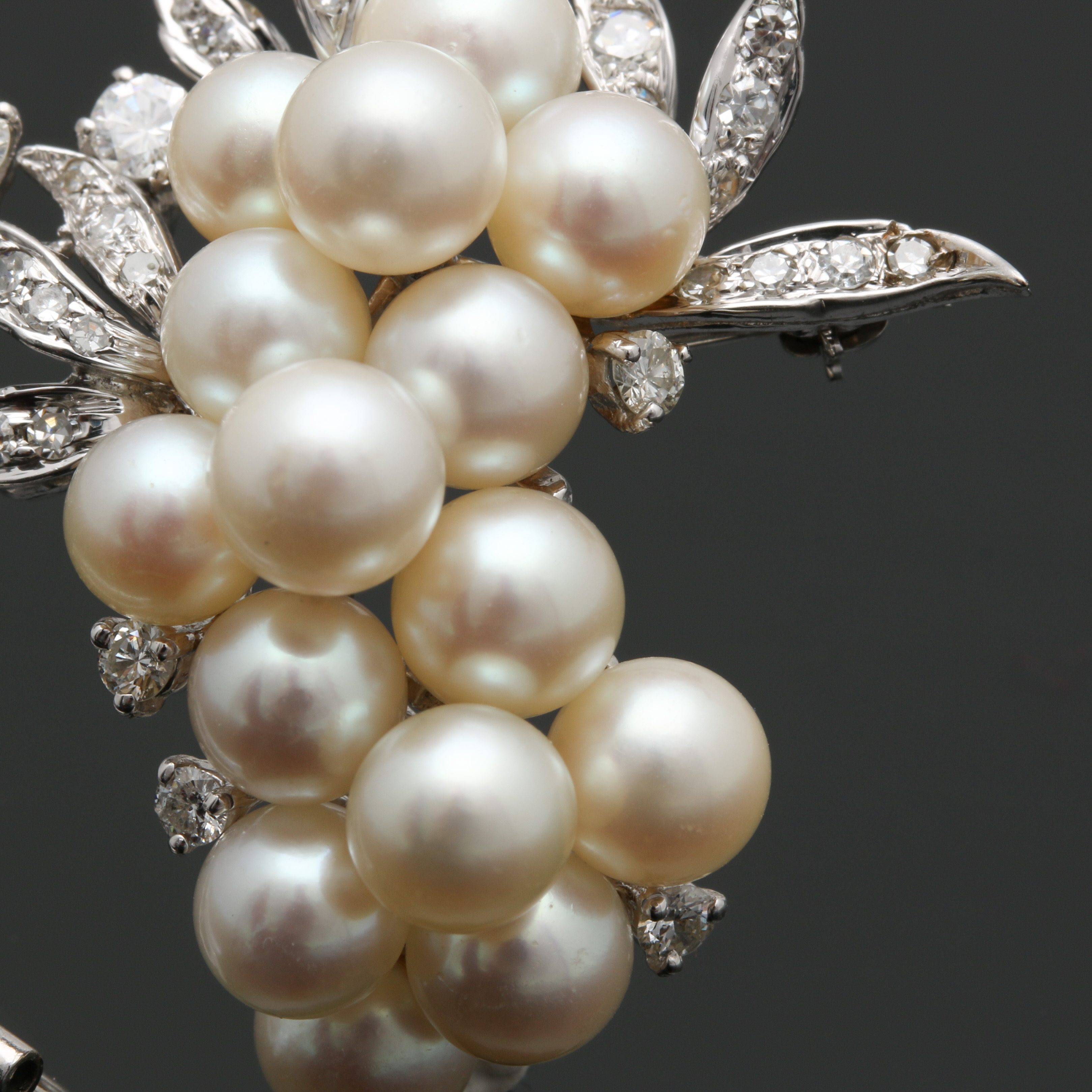 14K White Gold Pearl and Diamond Foliate Brooch and Pearl Shortener