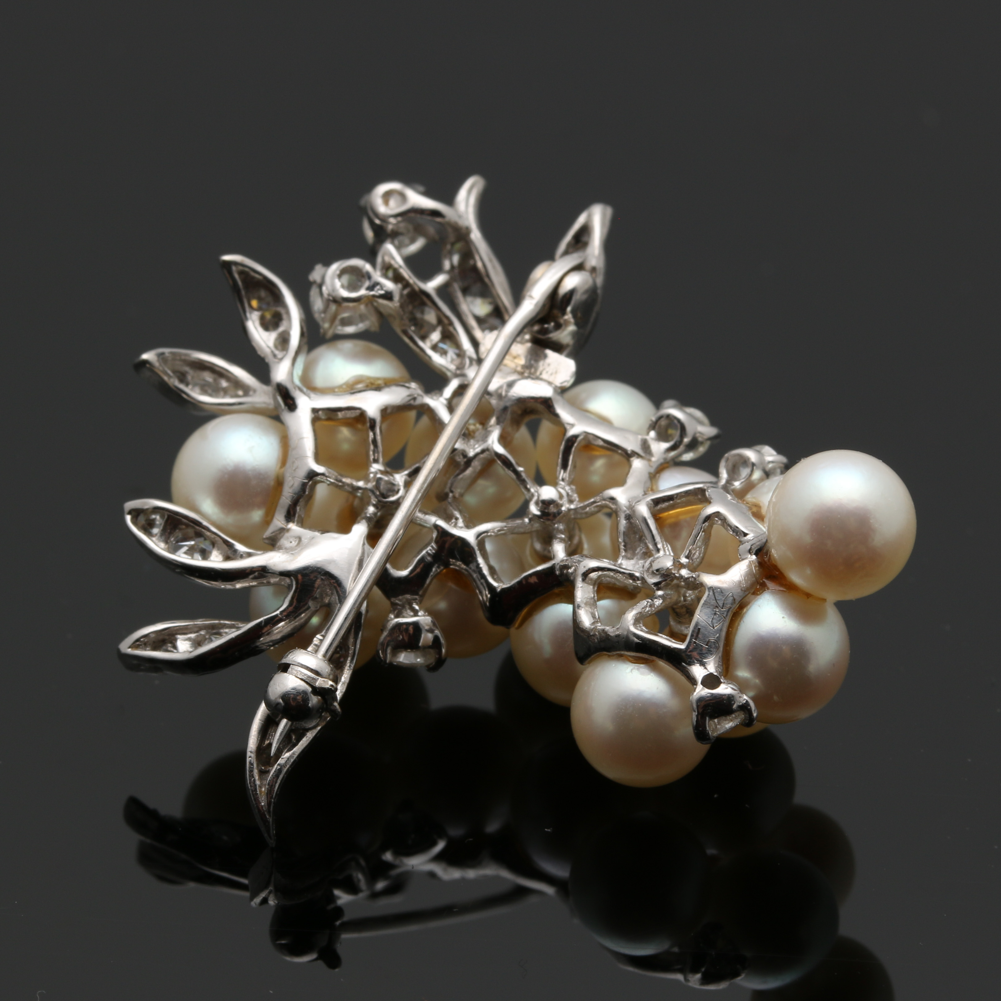 14K White Gold Pearl and Diamond Foliate Brooch and Pearl Shortener