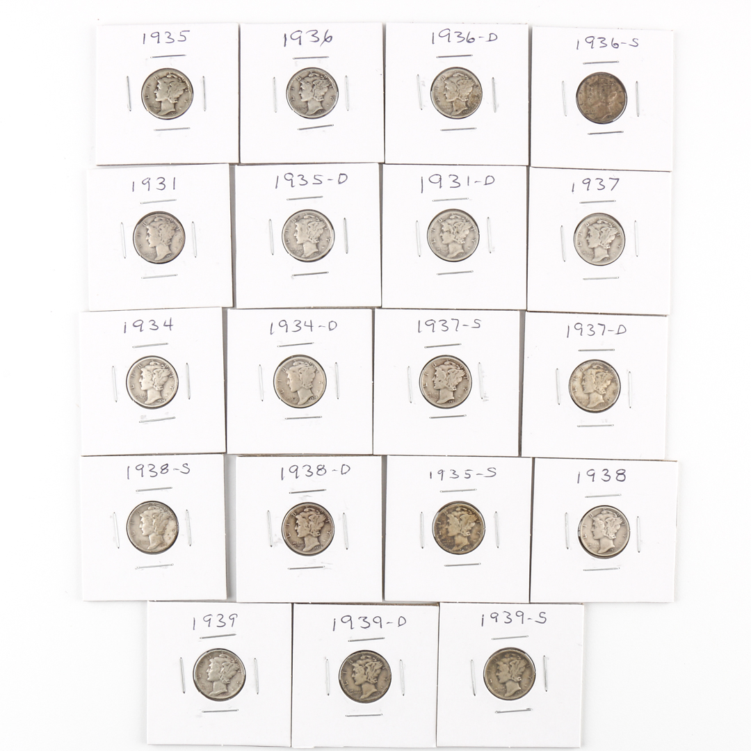 Fifteen Sequential with All Mints Silver Mercury Dimes 1935 - 1939