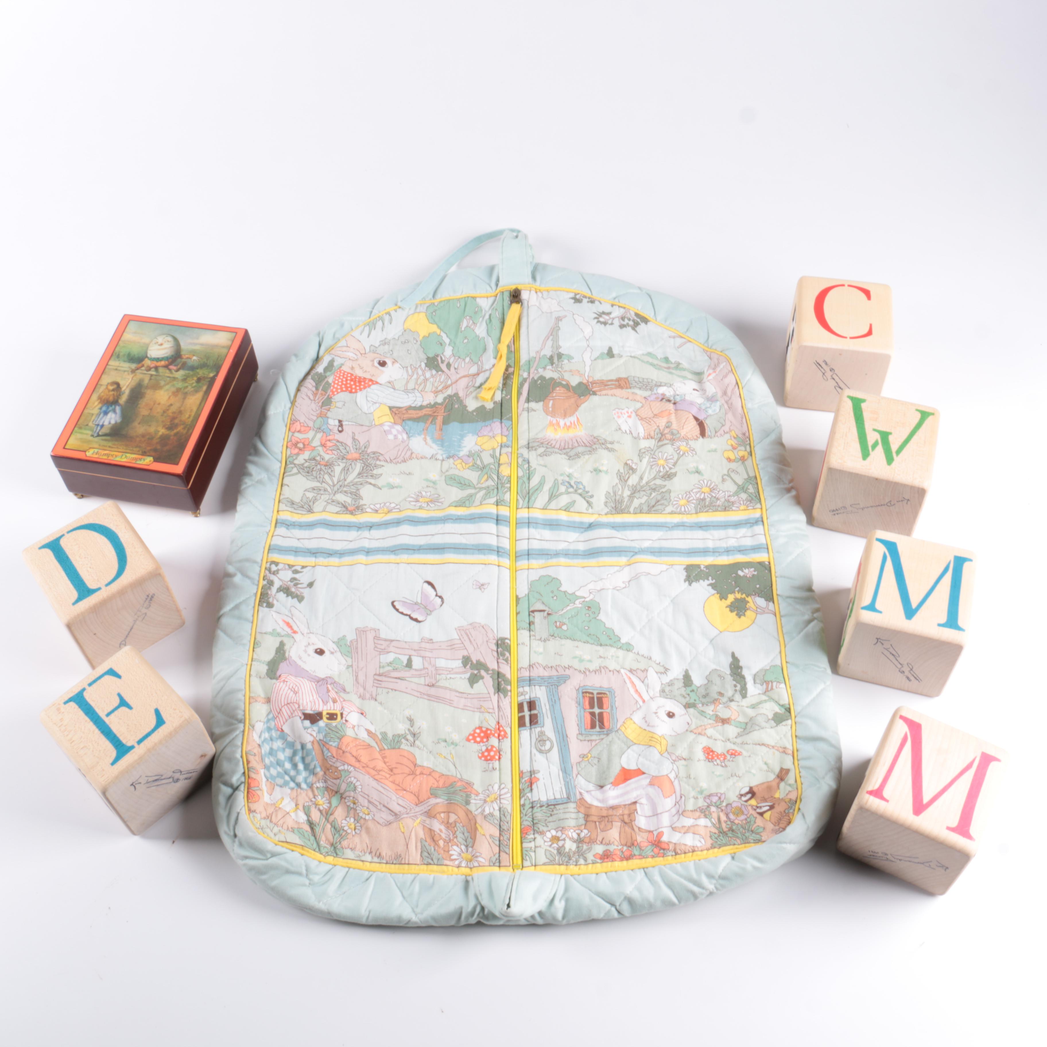 Children's Garment Bag, Music Box, and Blocks