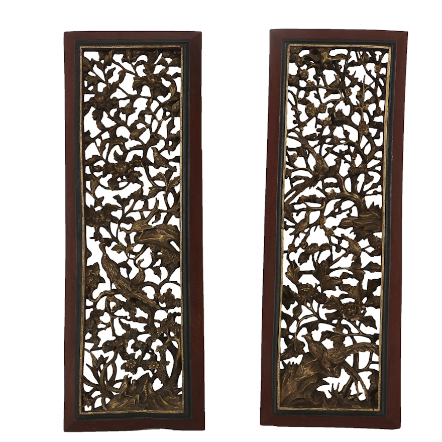 Pair of Deeply Carved Chinese Panels Depicting  the Mythical Fenghuang Bird
