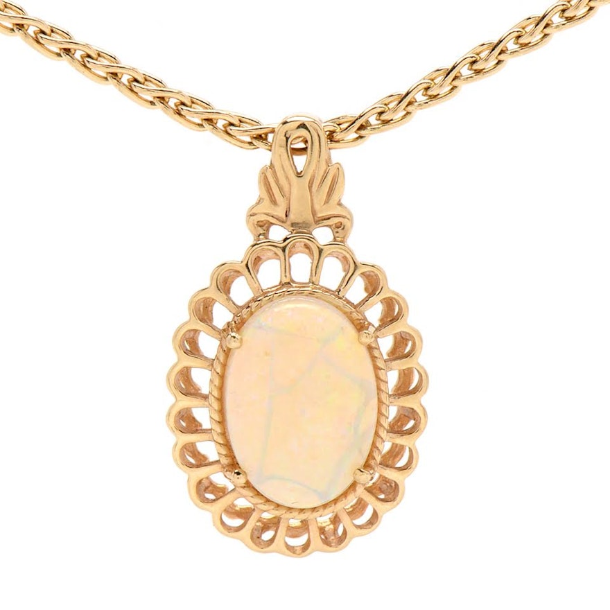 14K Yellow Gold Opal Pendant Necklace