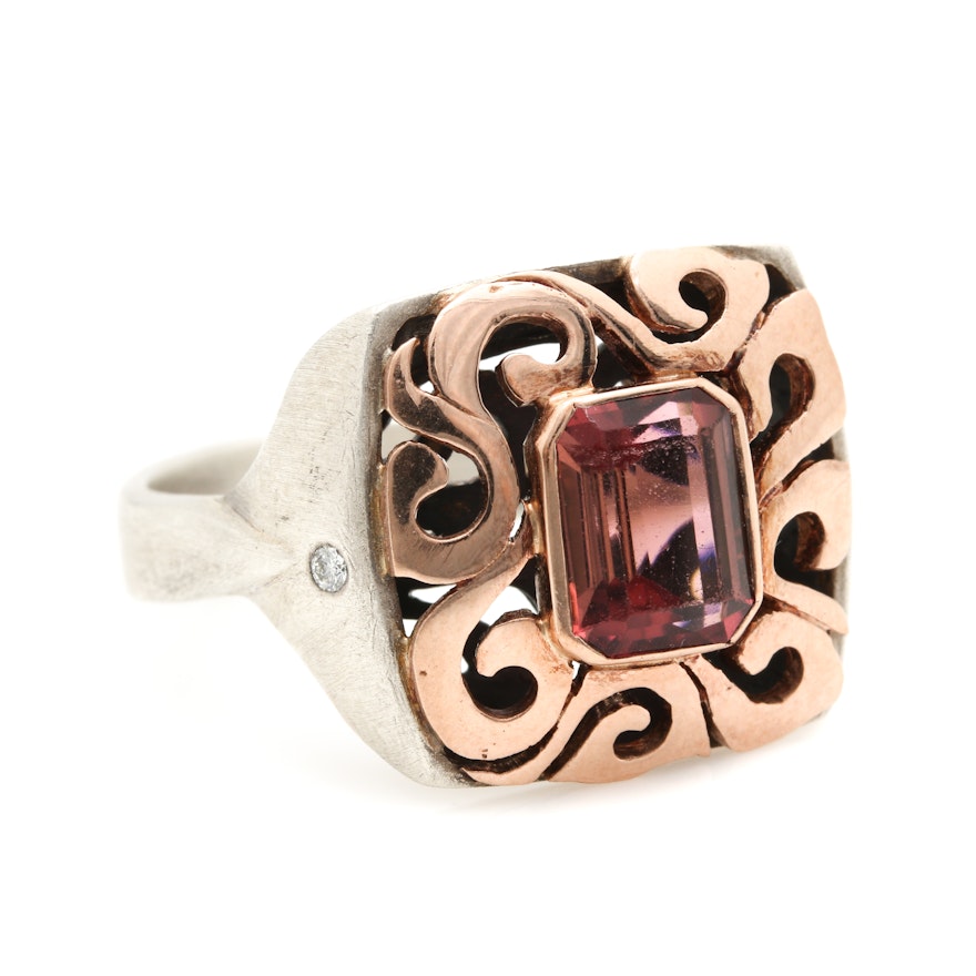 18K Rose Gold and Sterling Silver Pink Tourmaline and Diamond Ring