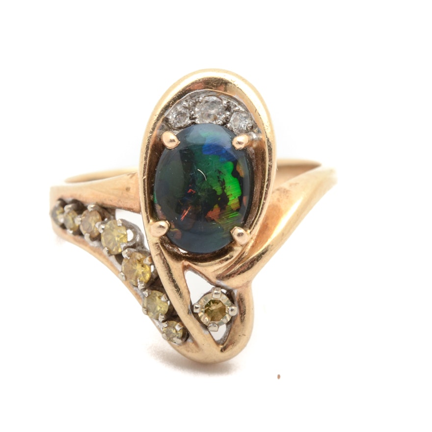 14K Gold Ring with Black Opal and Diamonds