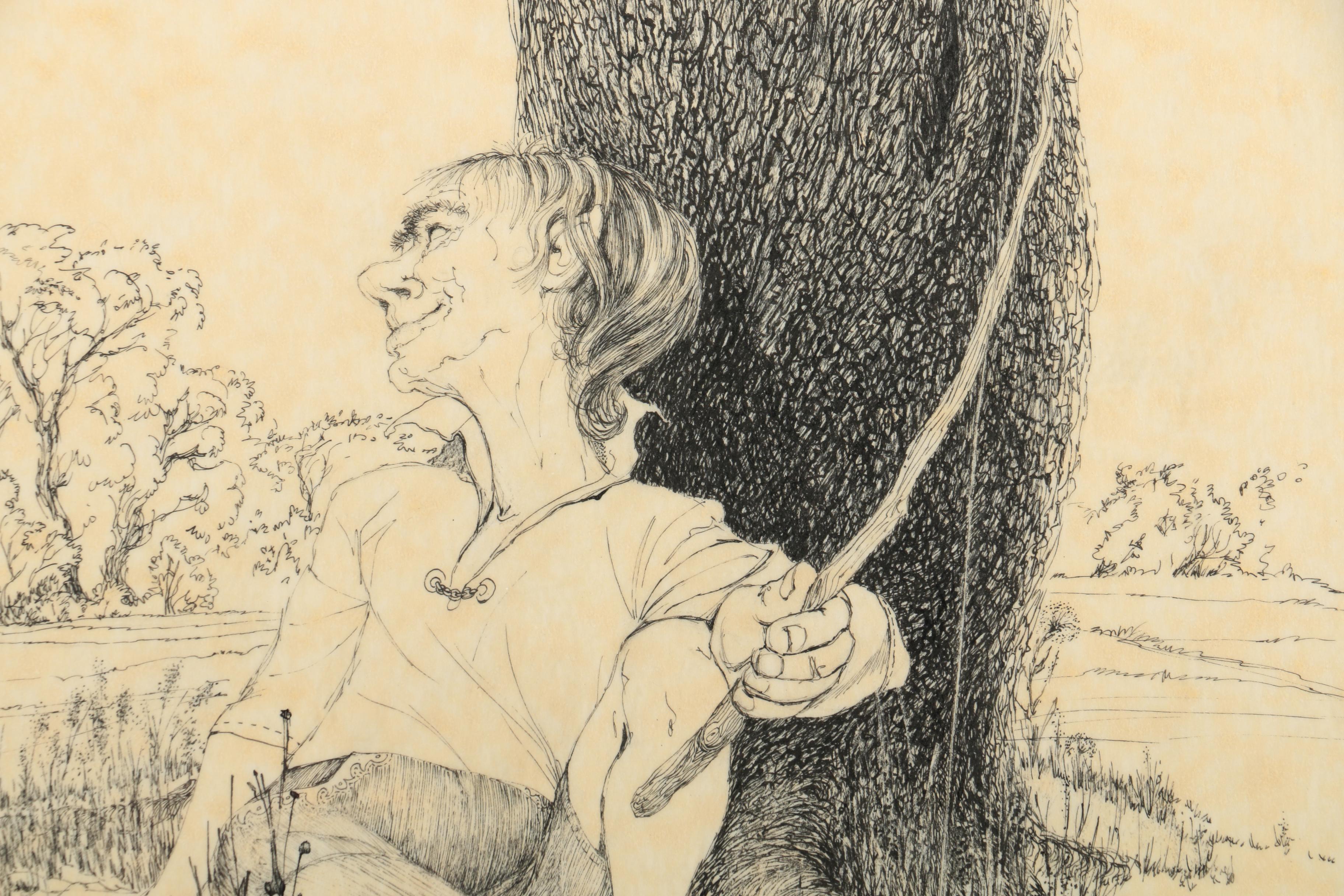 Pete Miller Pen and Ink Drawing of a Man Fishing