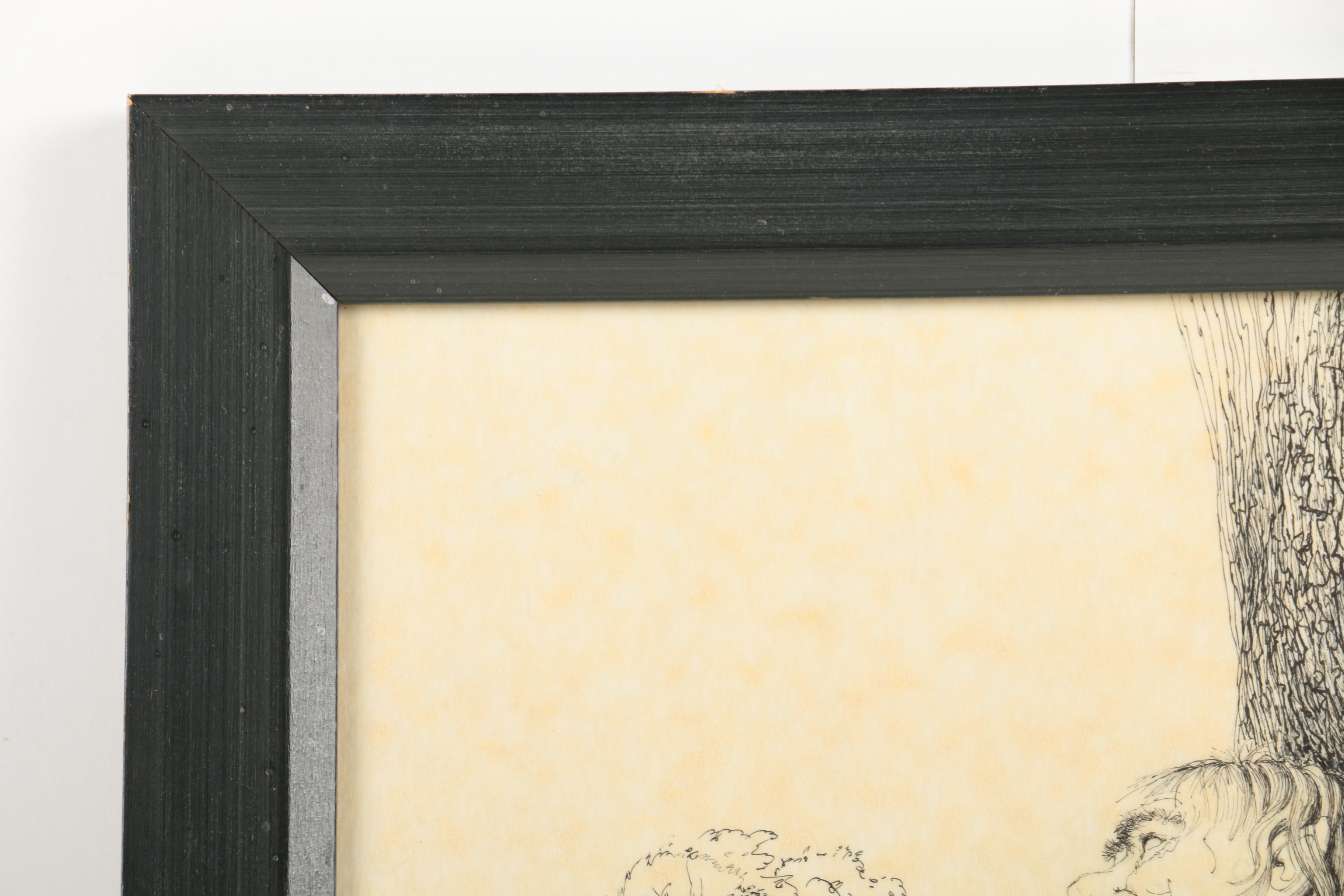 Pete Miller Pen and Ink Drawing of a Man Fishing