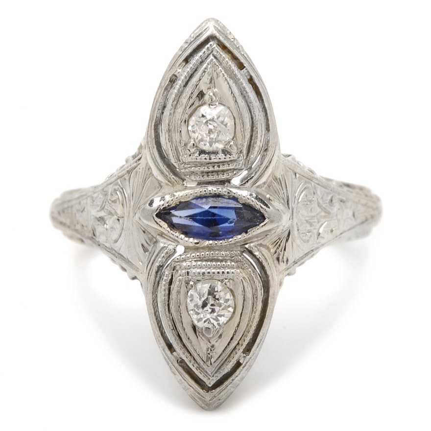 Early 20 Century Belais 18K White Gold, Diamond and Sapphire Ring