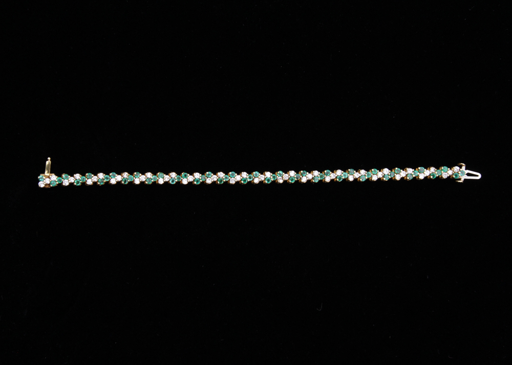 18K Yellow Gold 2.70 CTW Emerald and 2.30 CTW Diamond Tennis Bracelet