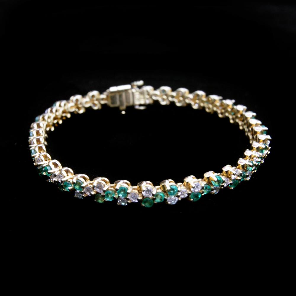 18K Yellow Gold 2.70 CTW Emerald and 2.30 CTW Diamond Tennis Bracelet