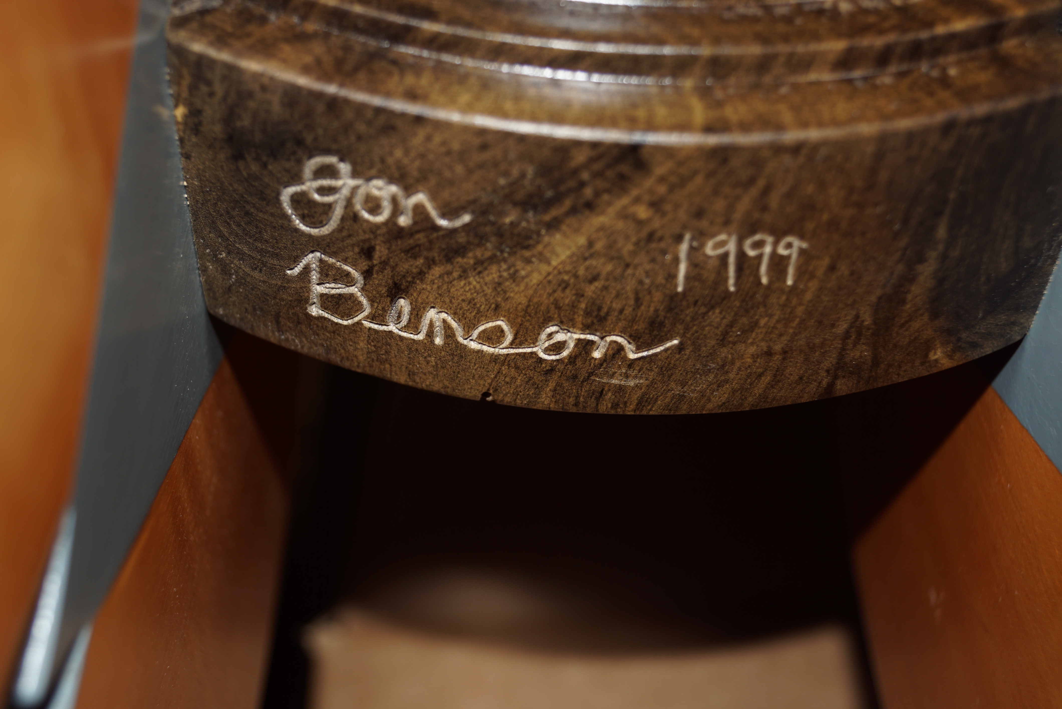 Jon Benson Marble, Walnut Burl and Metal Pedestal