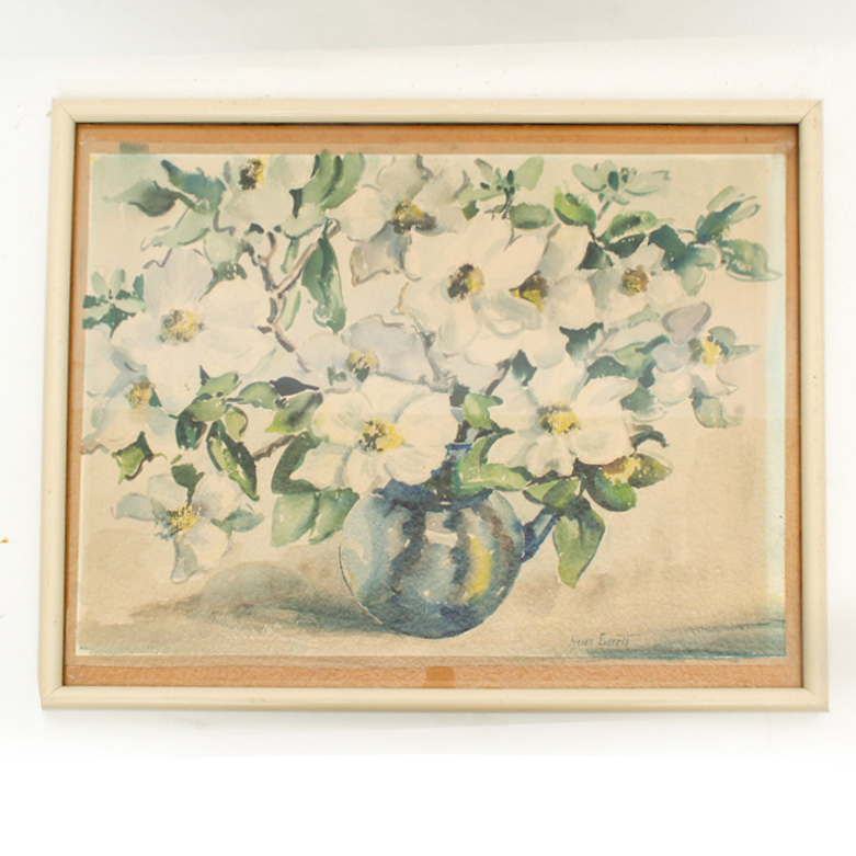 Helen Everett Watercolor Painting on Paper of Still Life with White Flowers