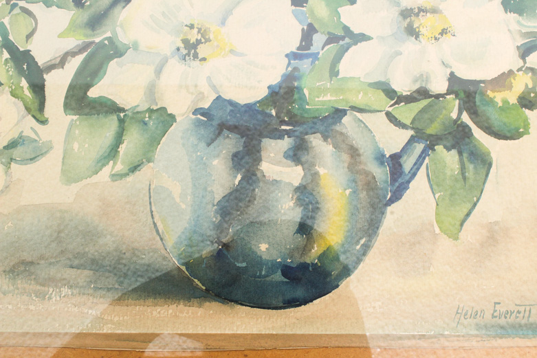 Helen Everett Watercolor Painting on Paper of Still Life with White Flowers