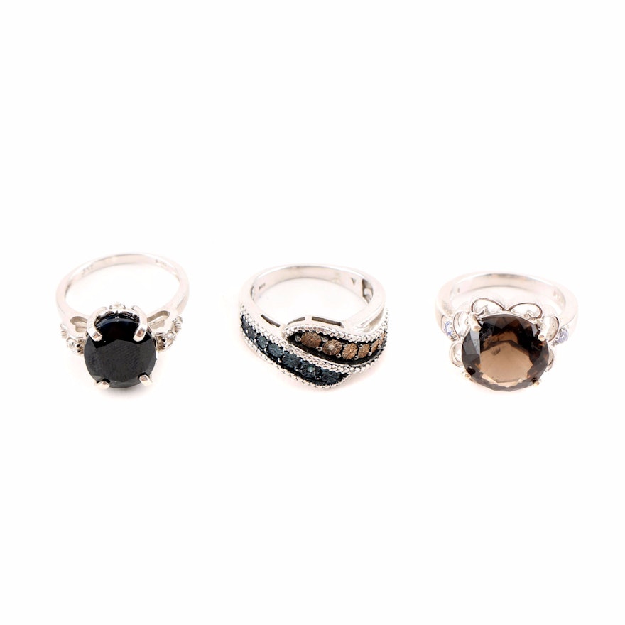 Grouping of Sterling Silver Rings With Gemstones and Diamonds