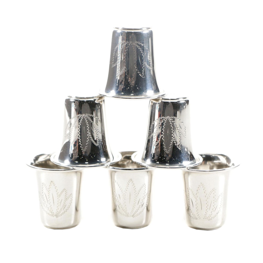 Set of Leaf Etched Sterling Silver Shot Glasses