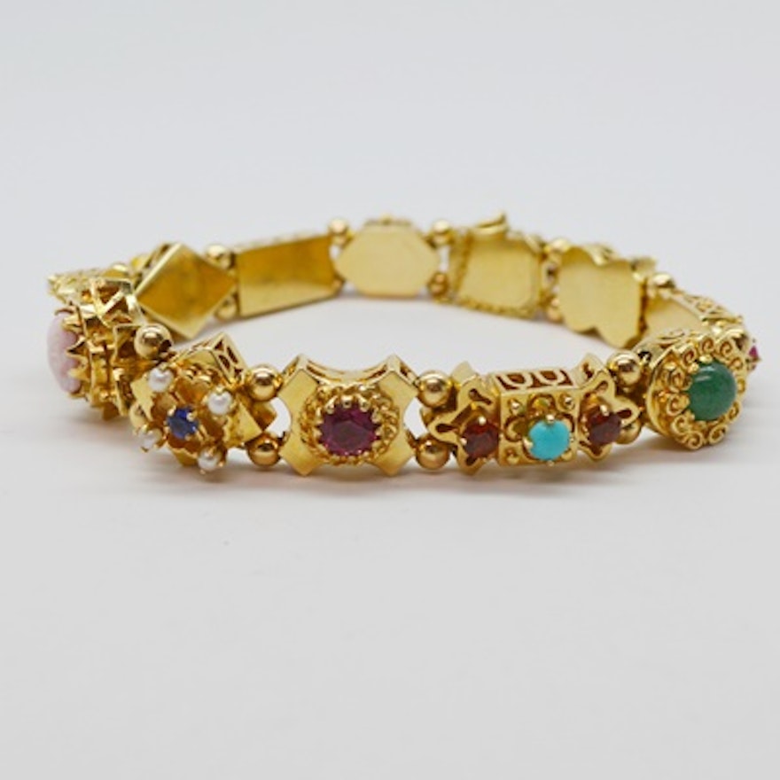 Victorian Style 14K Yellow Gold Gemstone Slide Bracelet