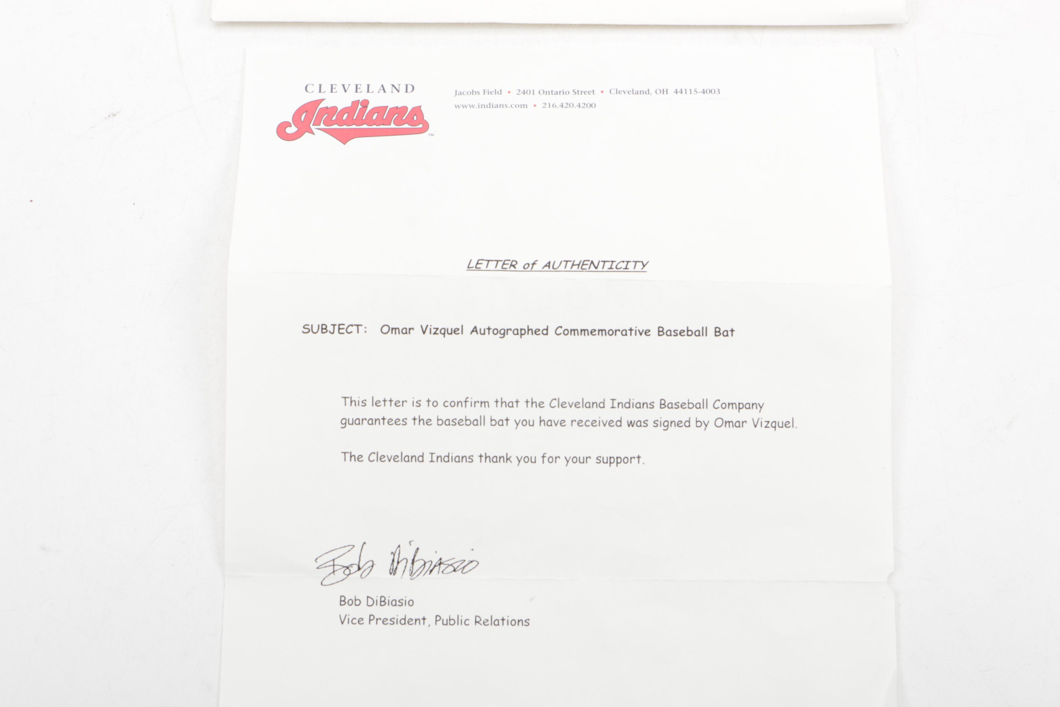 Omar Vizquel Signed Jacobs Field 10th Anniversary Commemorative Bat