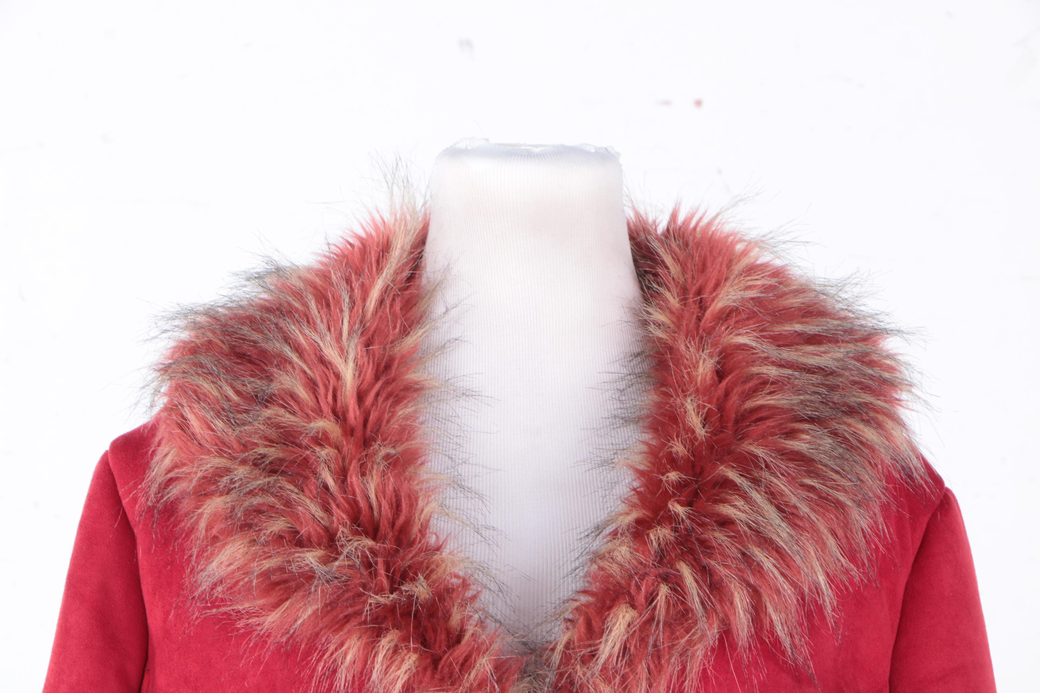 Women's Mechant Red Jacket with Faux Fur Trim