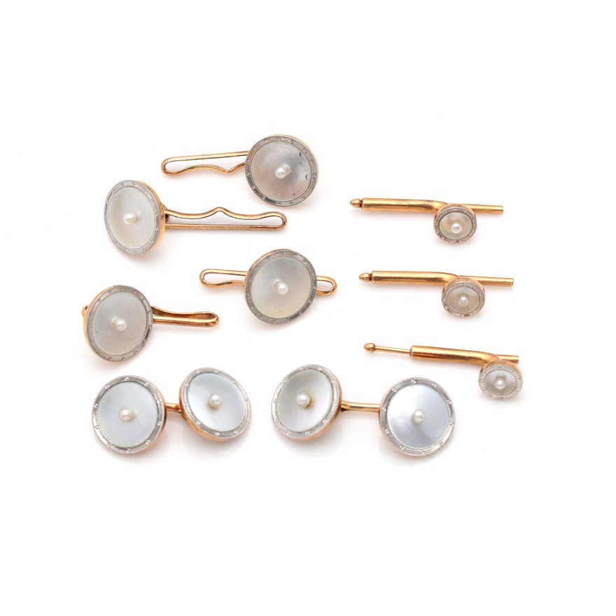 14K Yellow Gold, Platinum Pearl and Mother of Pearl Cufflinks and Shirt Studs