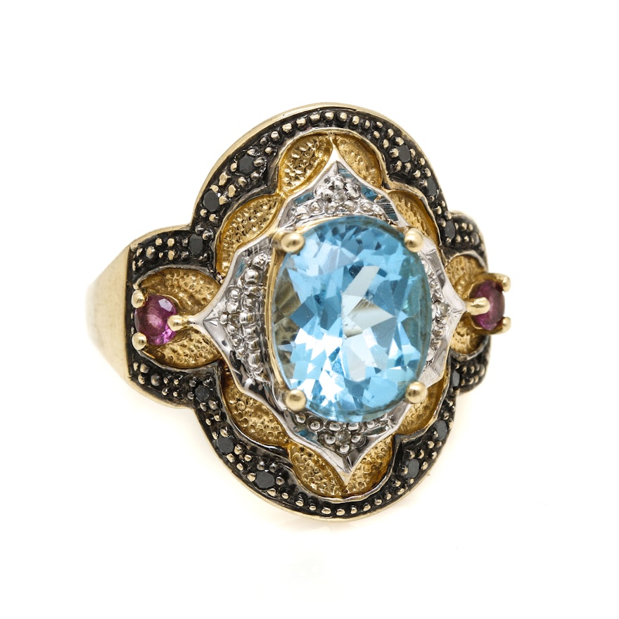 10K Yellow Gold Blue Topaz, Pink Tourmaline, and Diamond Ring