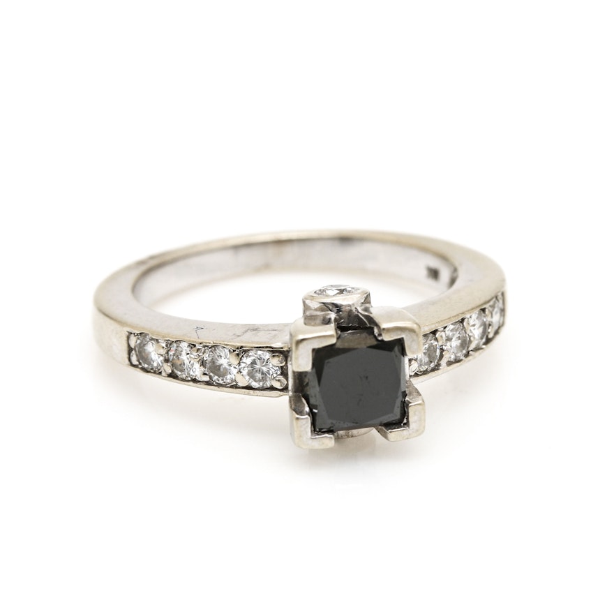 18K White Gold Black Moissanite and Diamond Ring