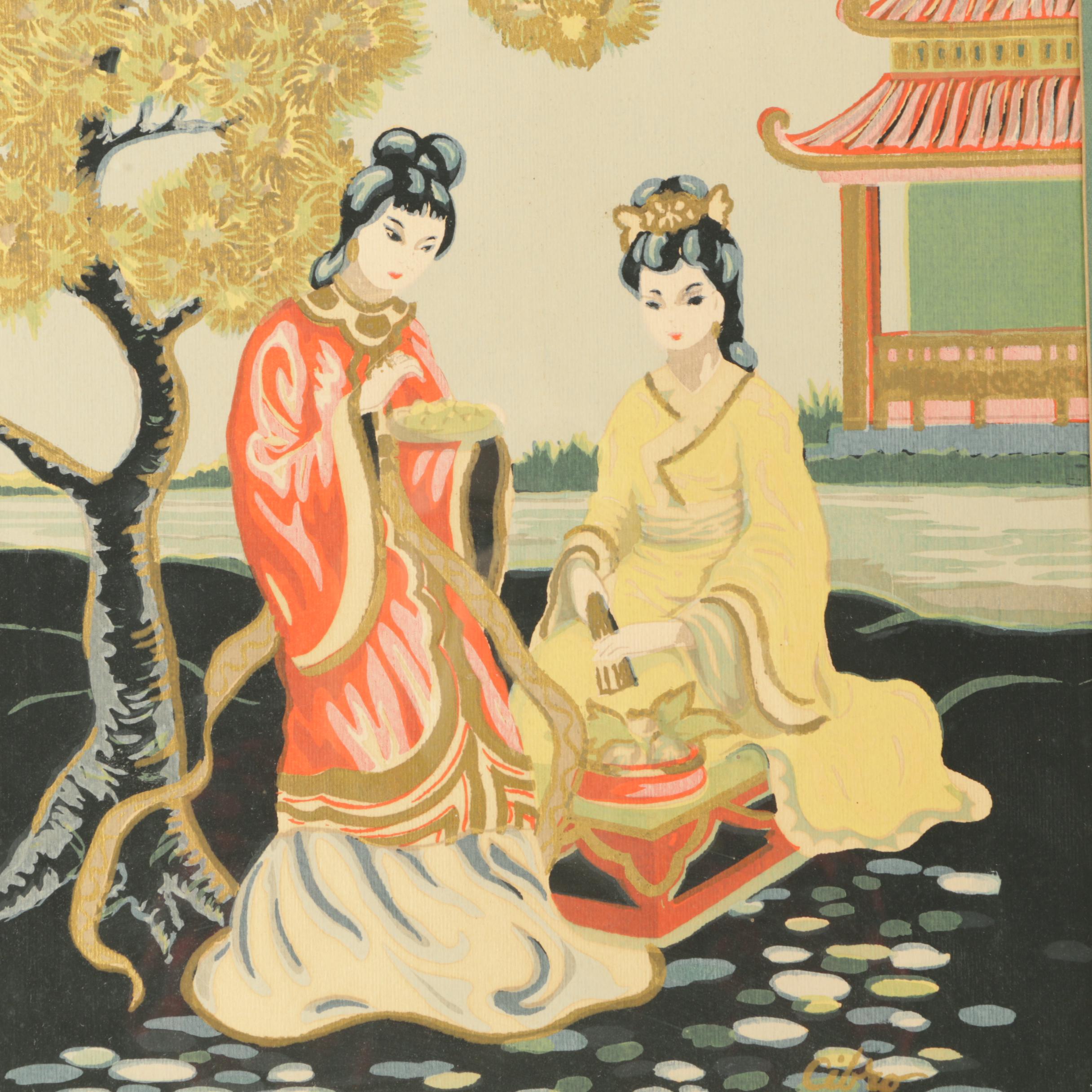 Cibro East Asian-Style Serigraphic Illustrations of Figures