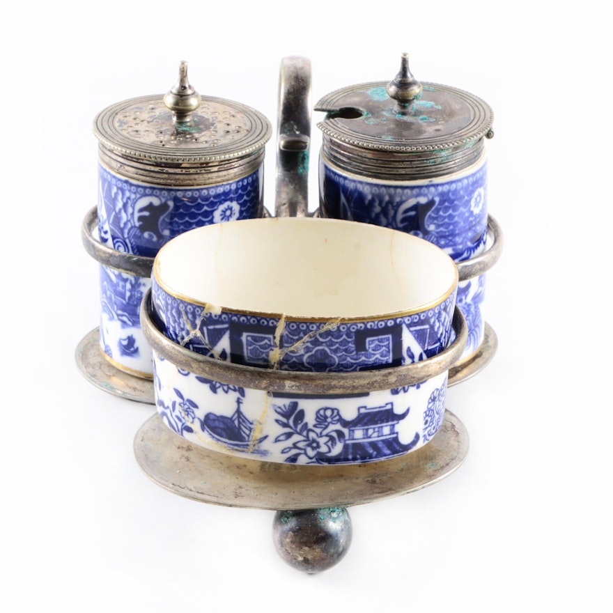 Royal Worcester "Blue Willow" Porcelain Condiment Set with Silver Plate Stand