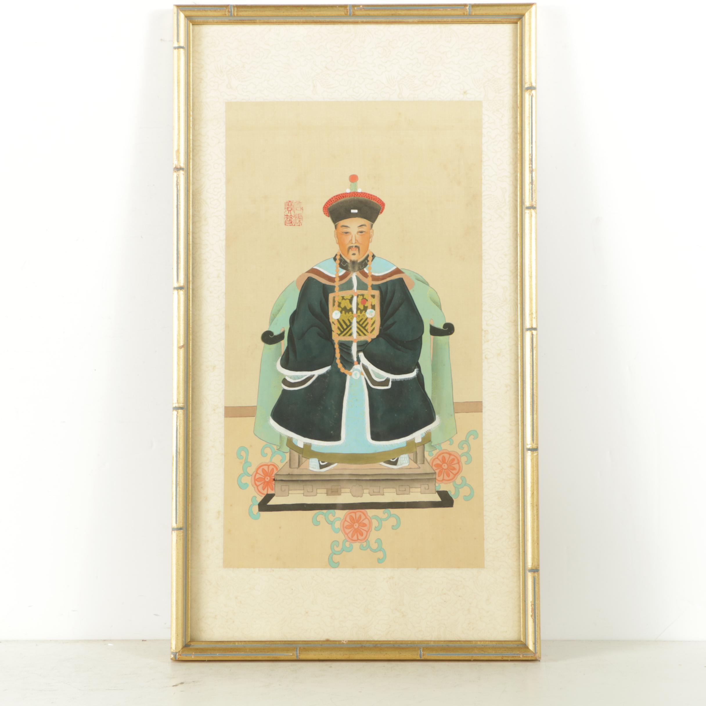 East Asian Ancestor Portrait Ink Paintings on Silk