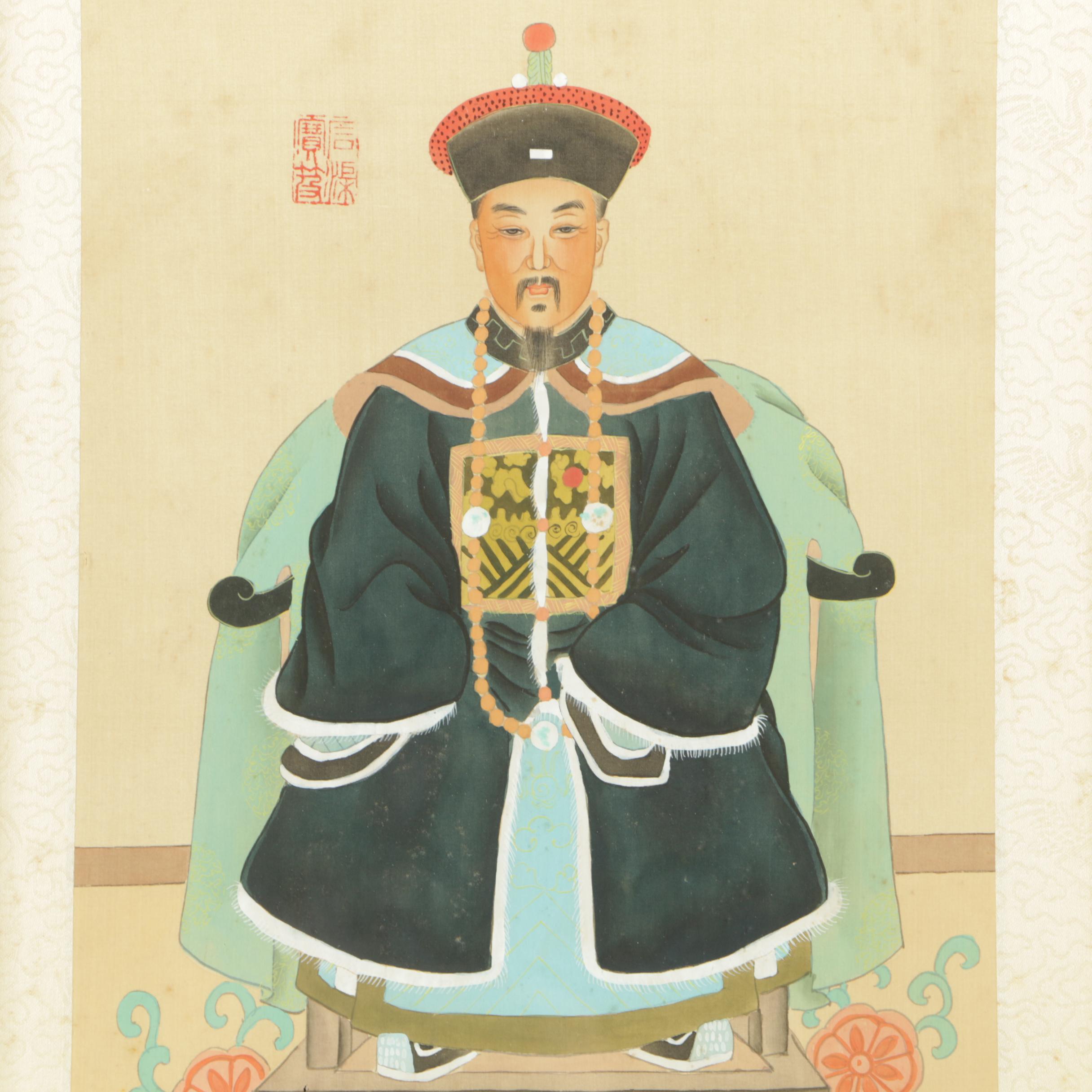 East Asian Ancestor Portrait Ink Paintings on Silk