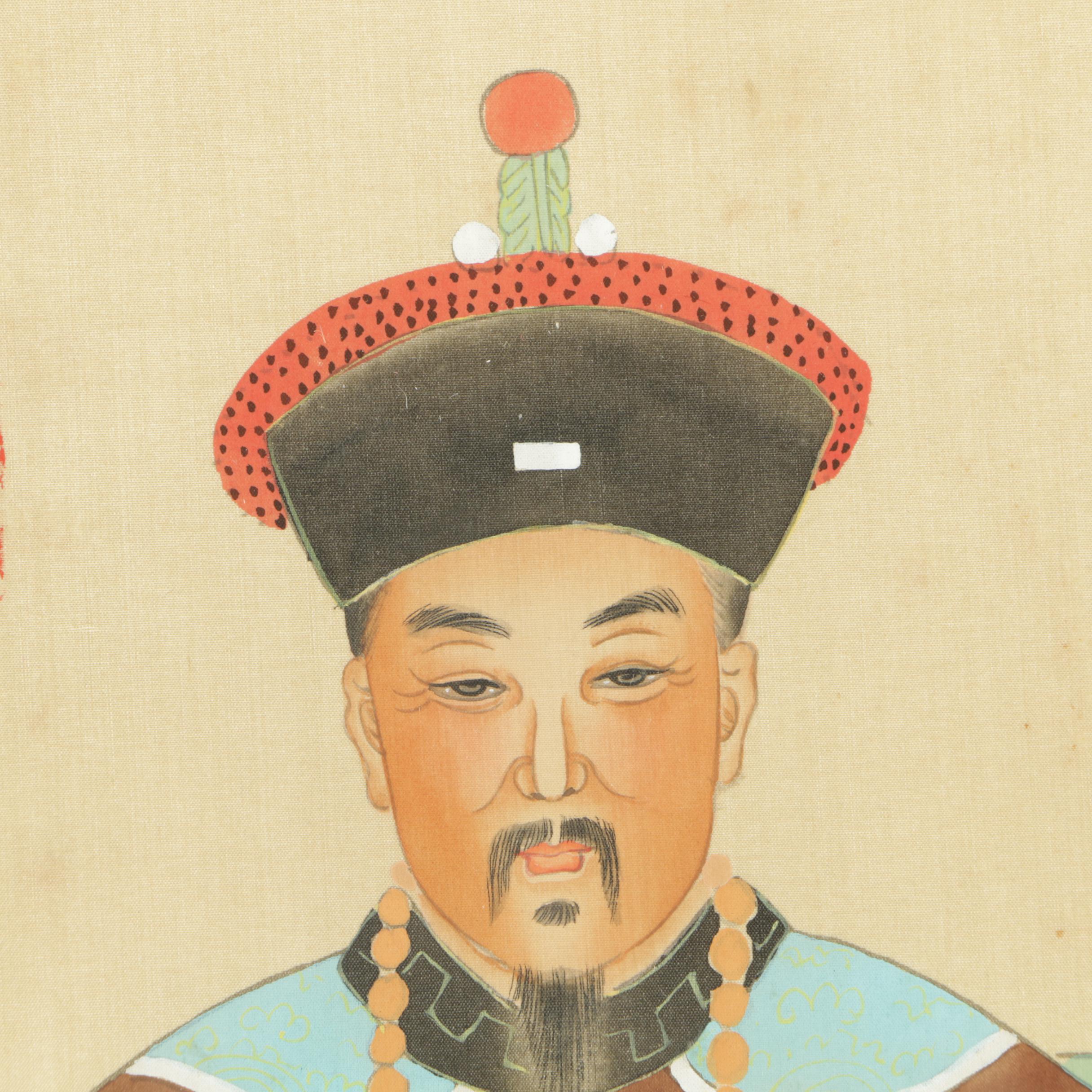 East Asian Ancestor Portrait Ink Paintings on Silk