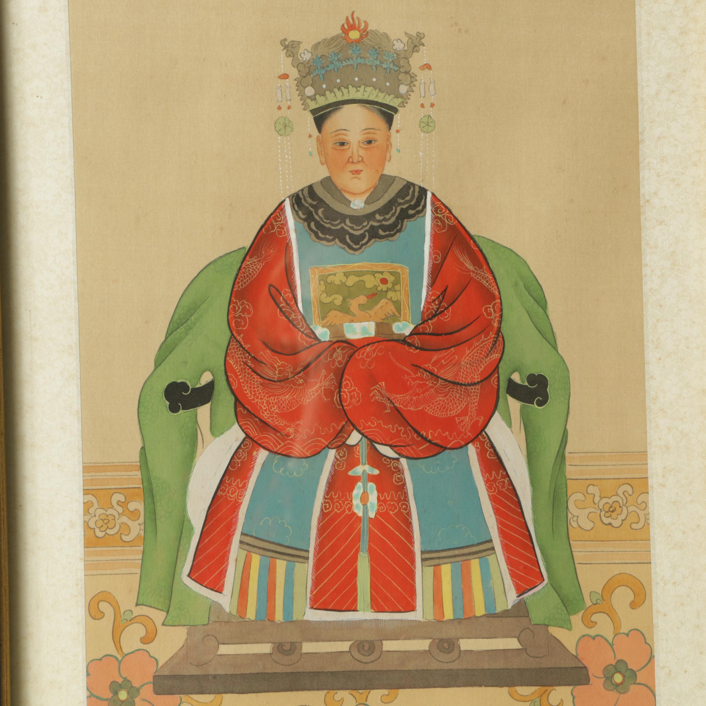 East Asian Ancestor Portrait Ink Paintings on Silk