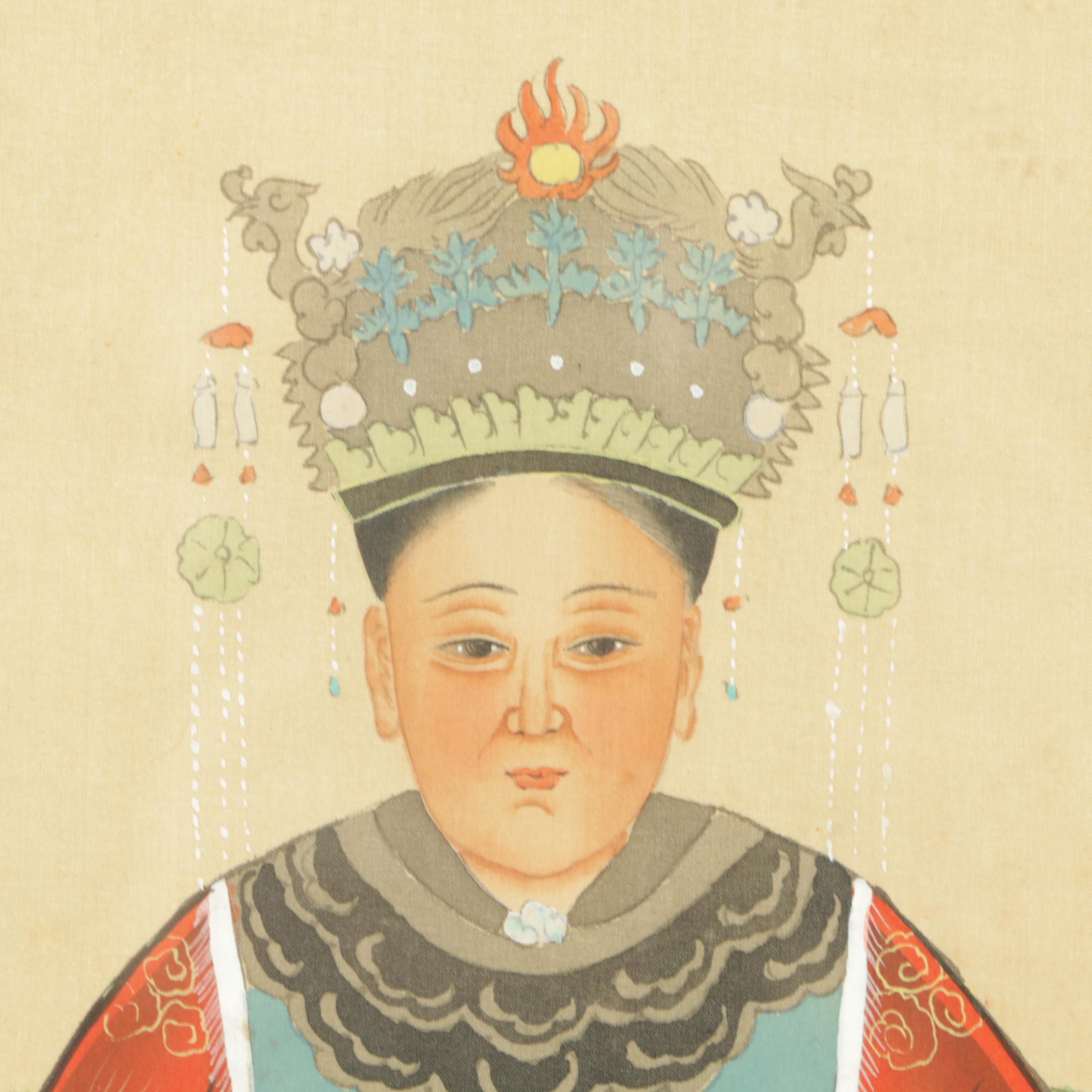 East Asian Ancestor Portrait Ink Paintings on Silk