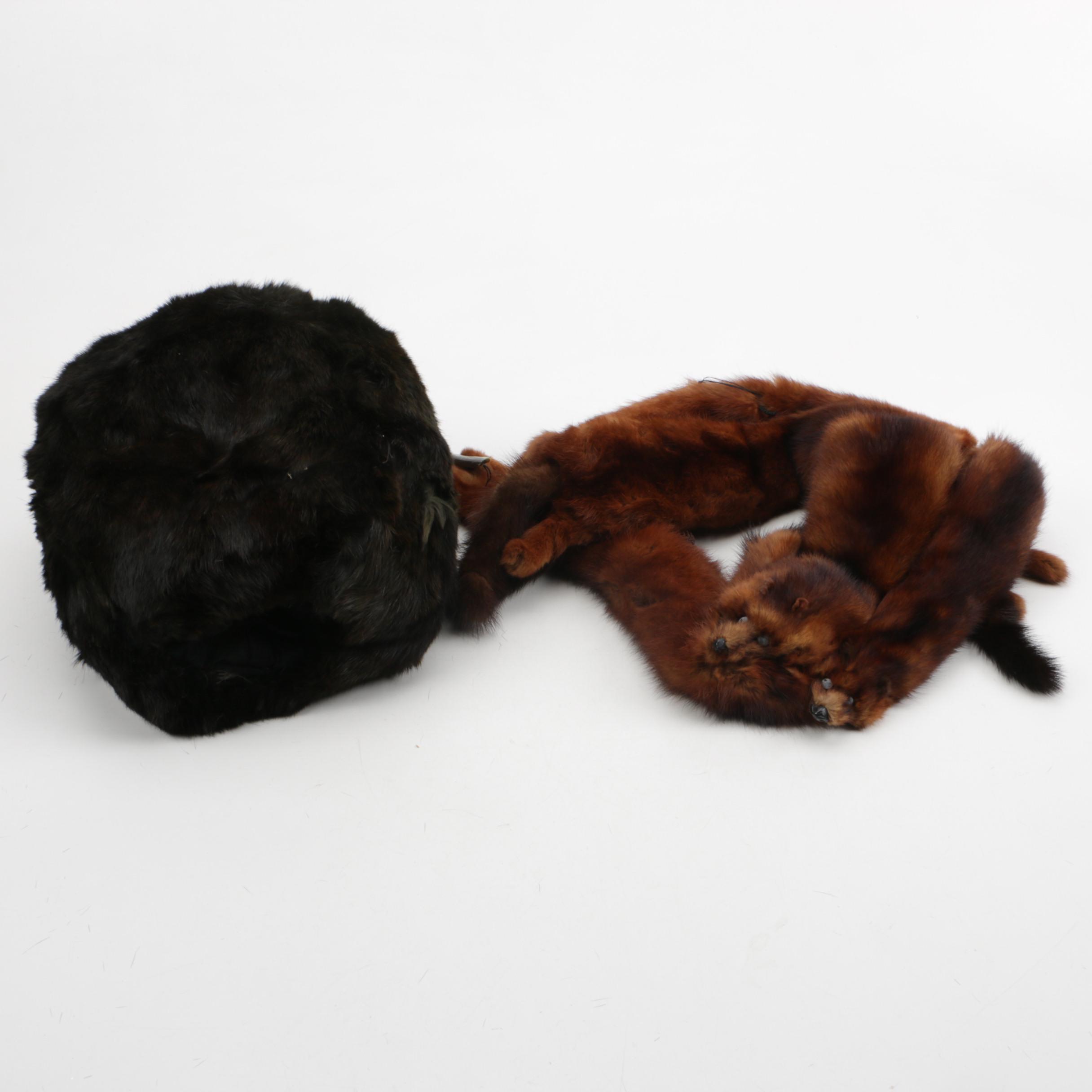 Vintage Brown Mink Fur Collar and Vintage Dyed Black Beaver Fur Muff