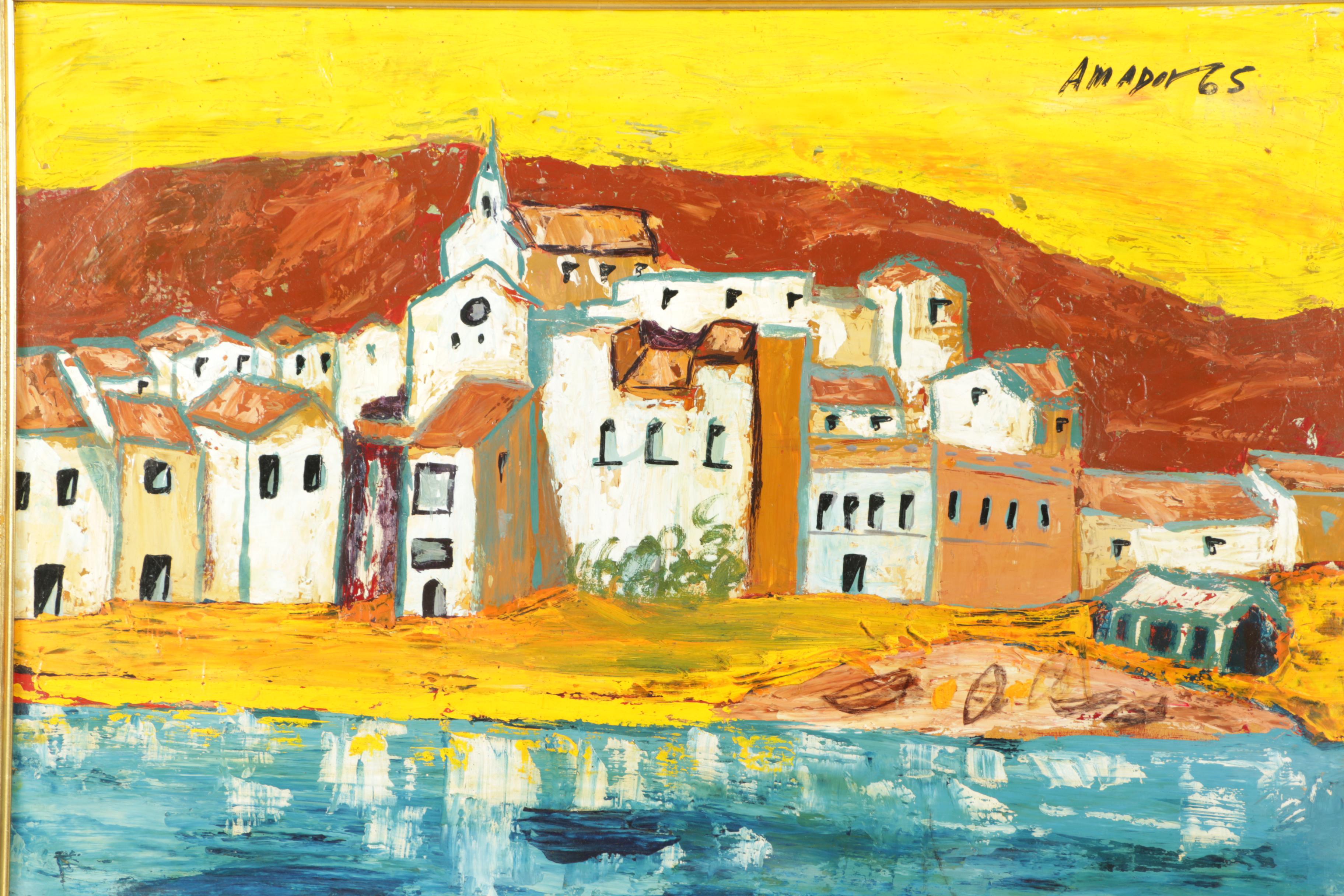 Amador 1965 Oil Painting on Canvas of a Seaside Village