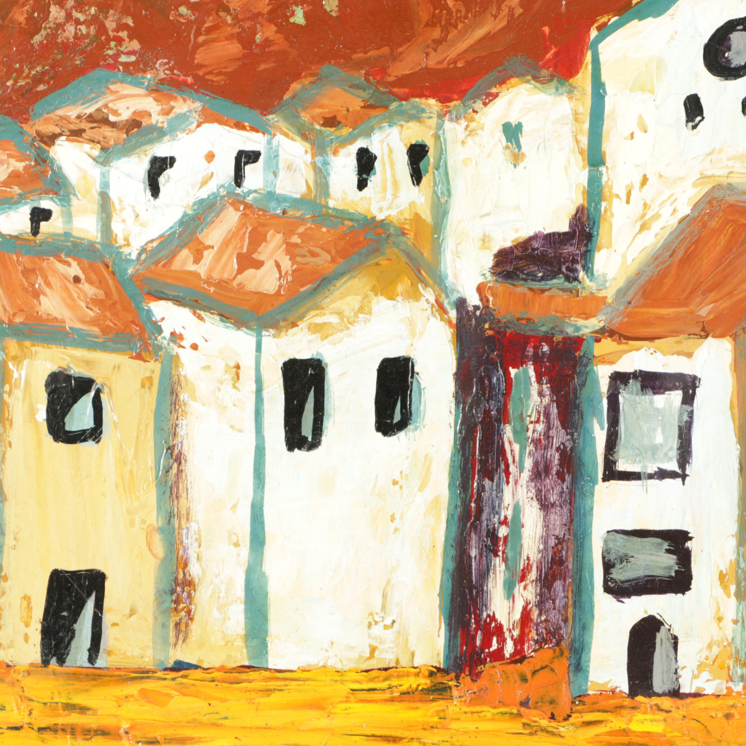 Amador 1965 Oil Painting on Canvas of a Seaside Village