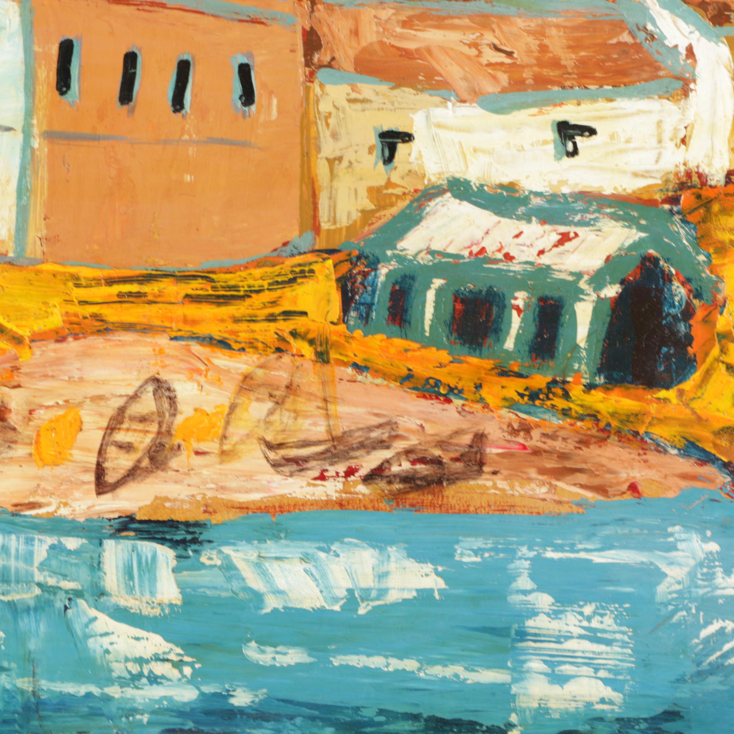 Amador 1965 Oil Painting on Canvas of a Seaside Village