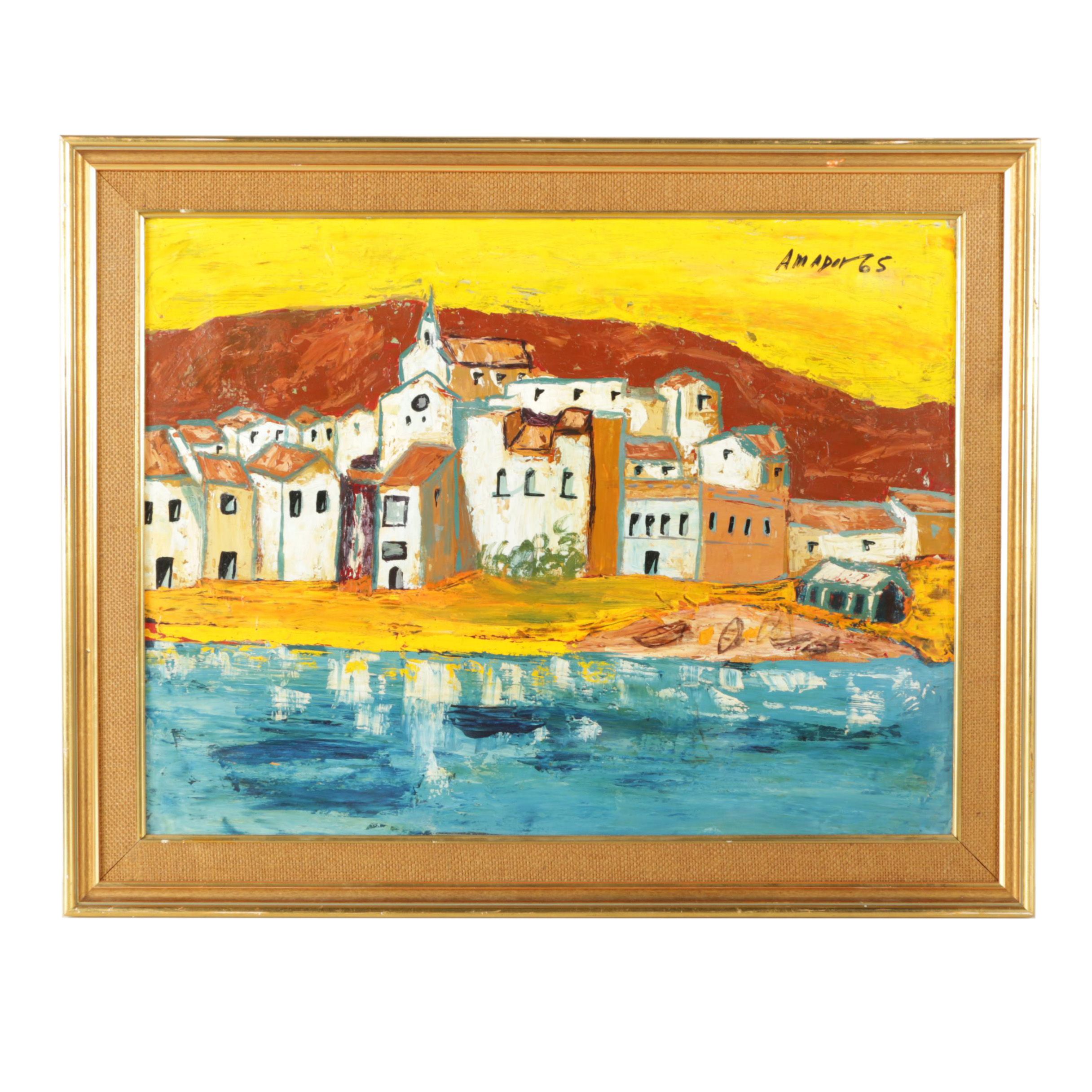 Amador 1965 Oil Painting on Canvas of a Seaside Village