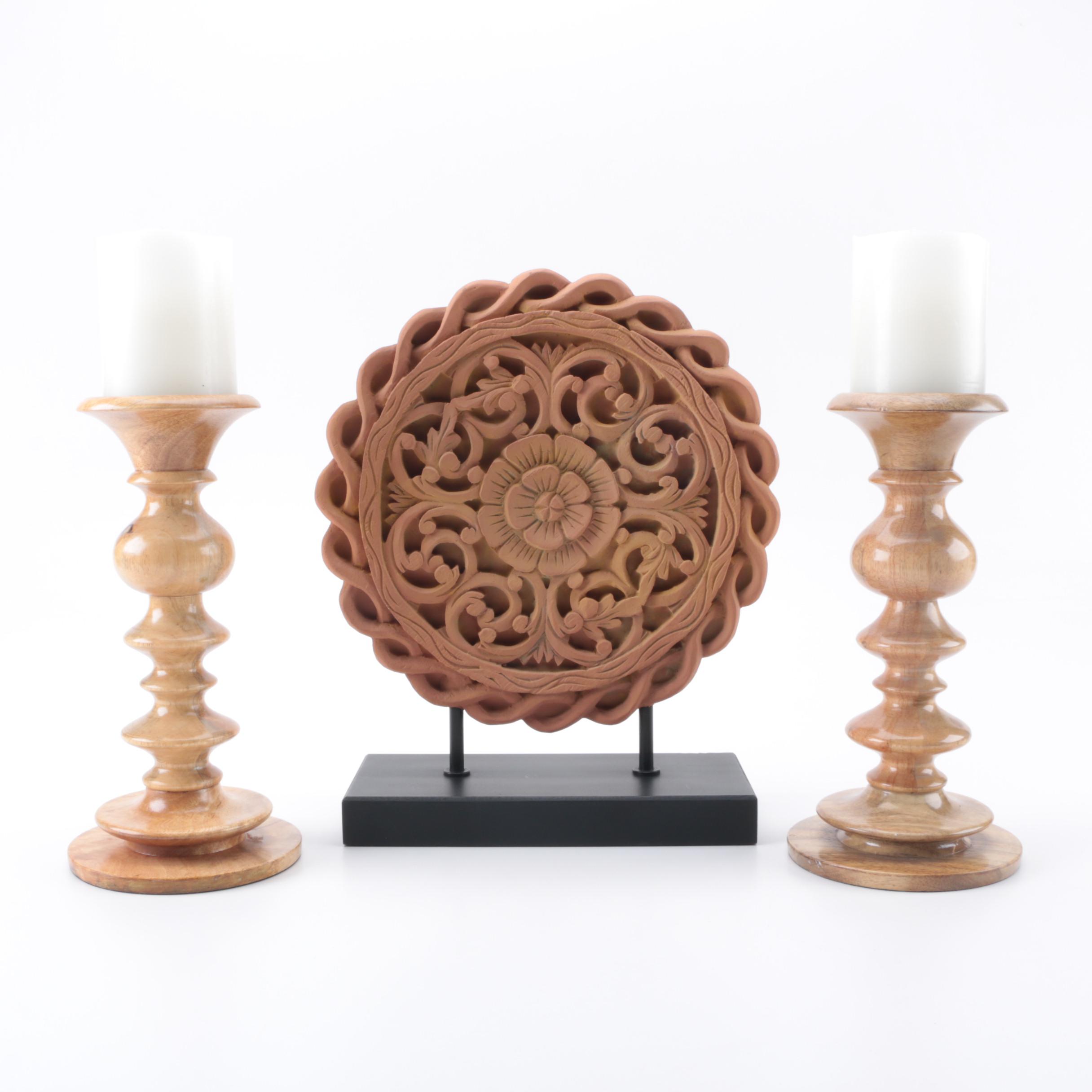 Pair of Pottery Barn Wooden Candle Holders with Decor