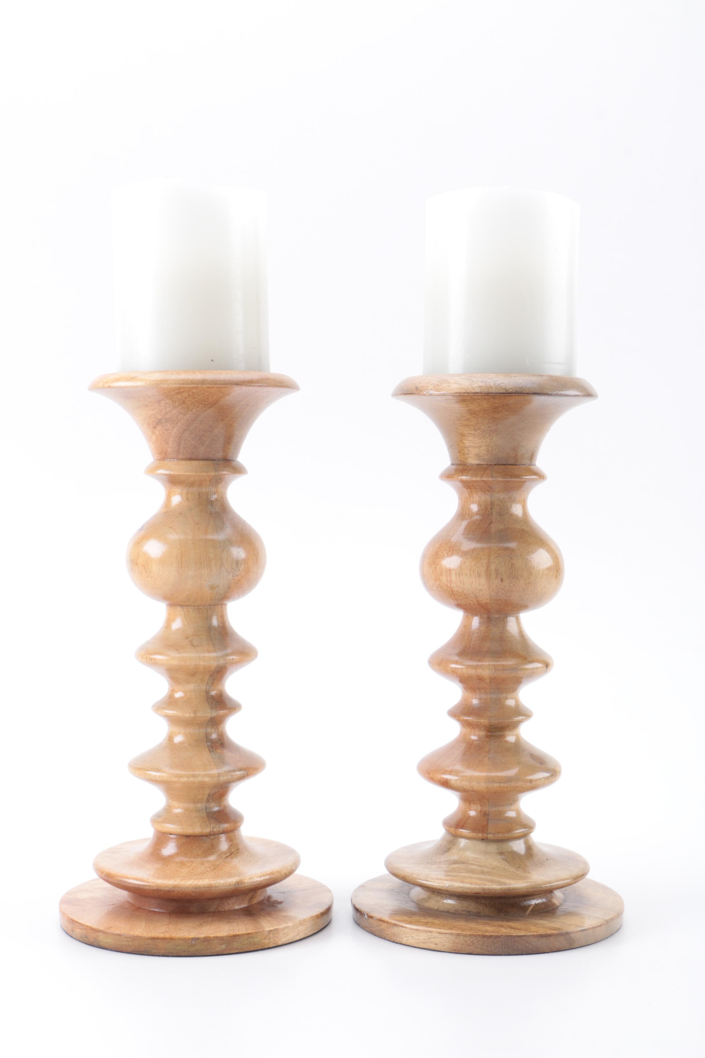 Pair of Pottery Barn Wooden Candle Holders with Decor