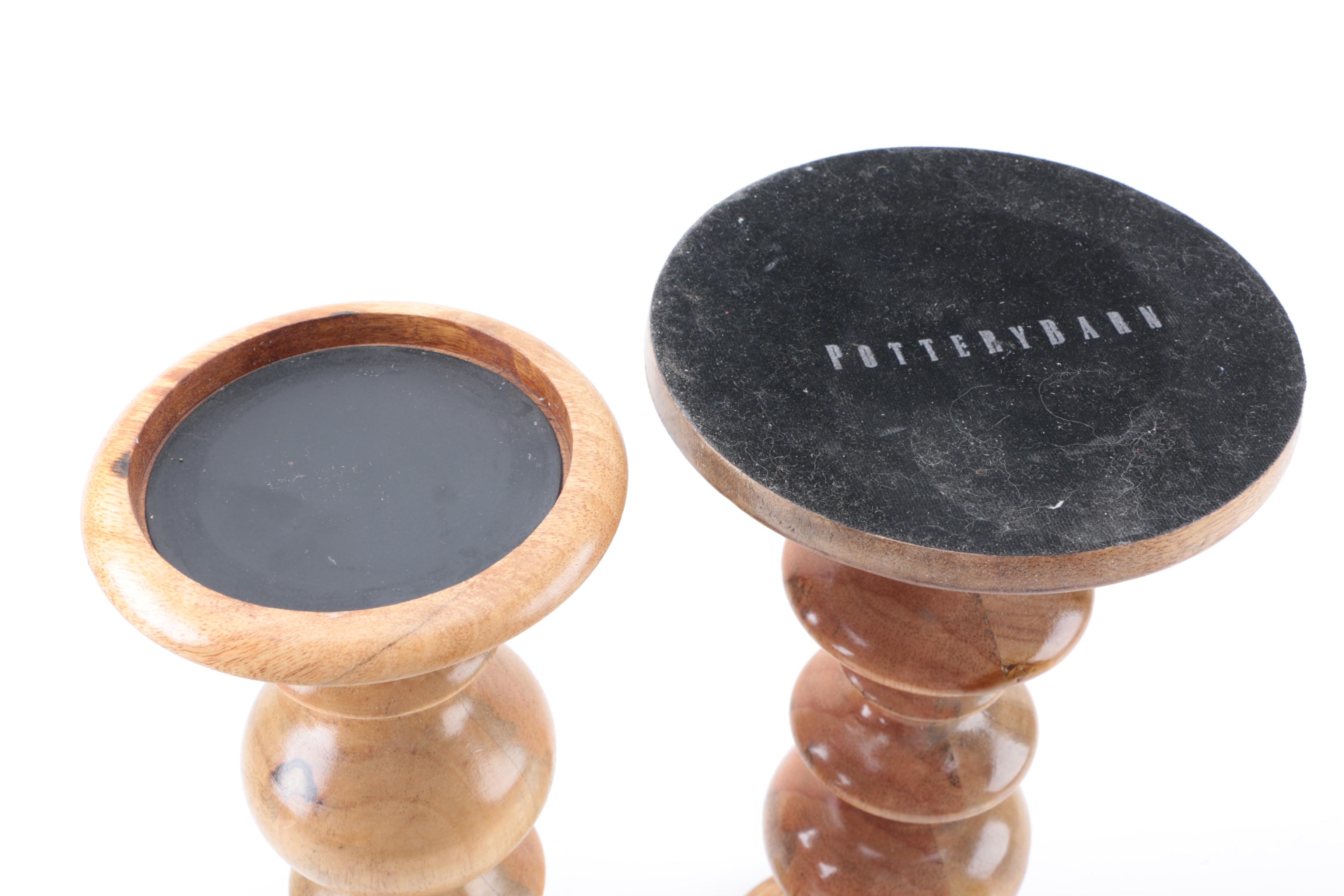 Pair of Pottery Barn Wooden Candle Holders with Decor