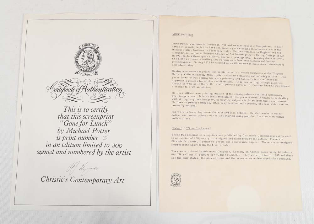 Mike Potter Signed Limited Edition Serigraph "Gone For Lunch"