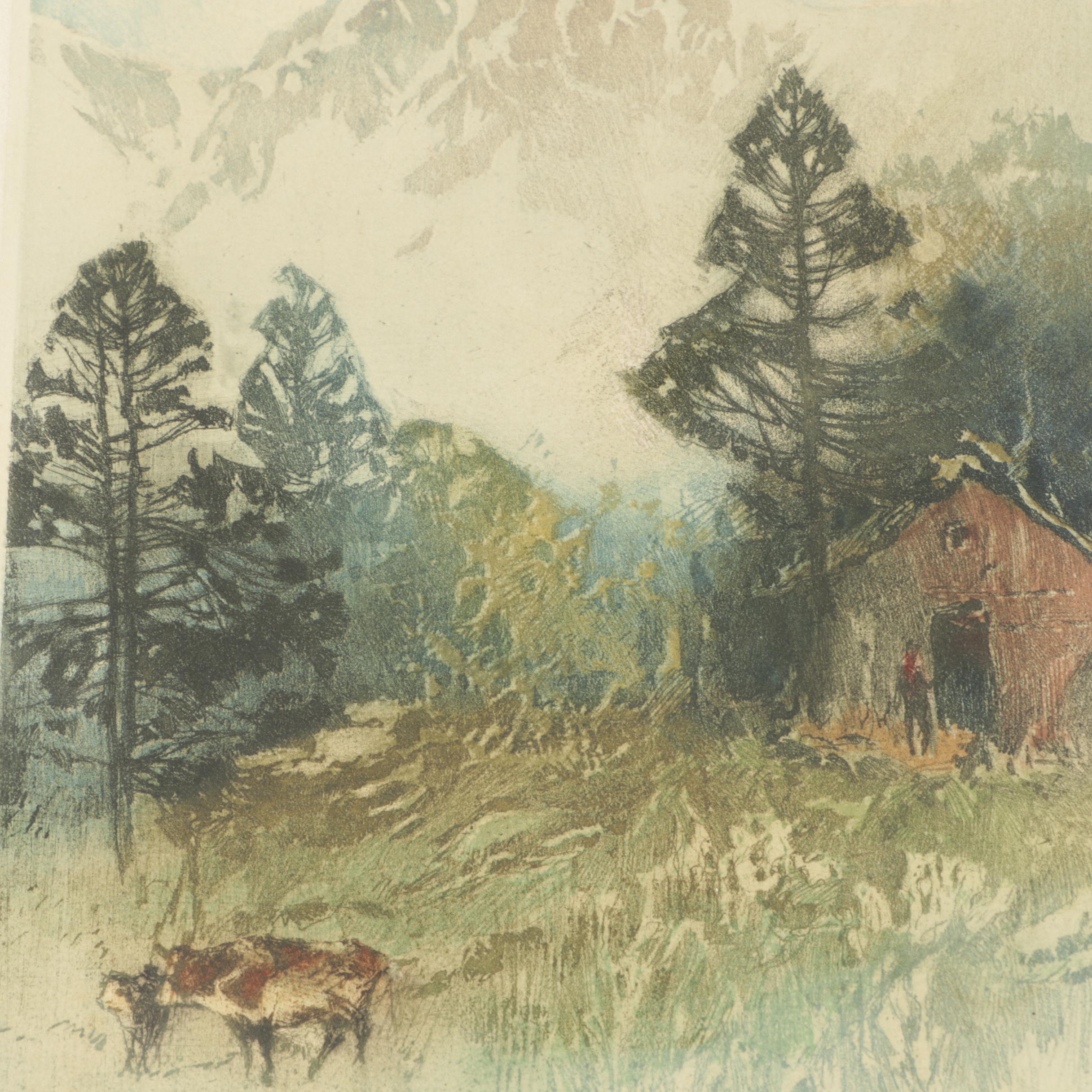 Vintage Color Etching on Paper of the Bavarian Alps